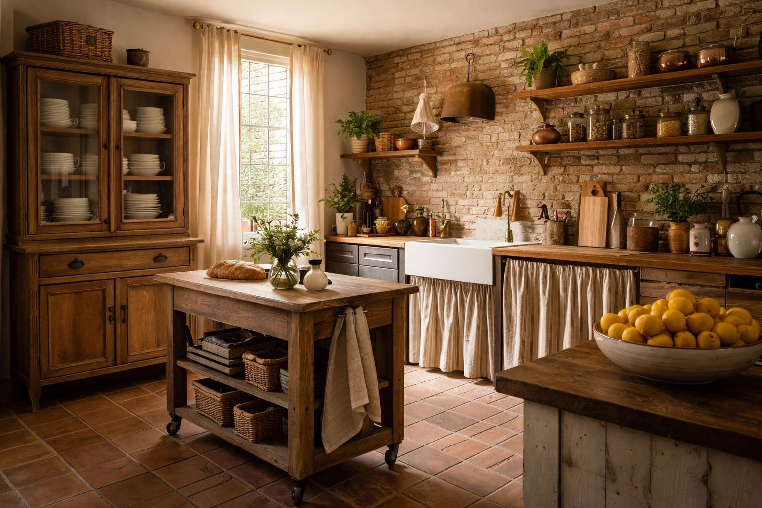 Farmhouse-style unfitted kitchen with freestanding vintage hutch, butcher block island, and open shelving in a cozy, eclectic space.