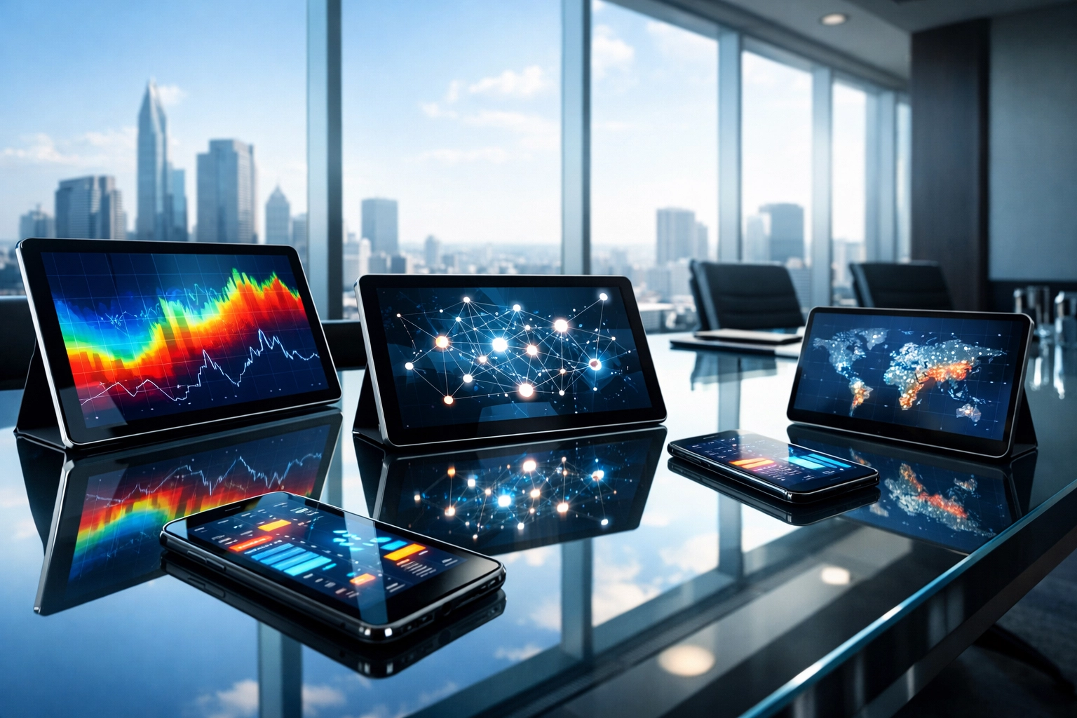 Corporate boardroom showing tablets with real-time NIL platform analytics and marketing performance data.