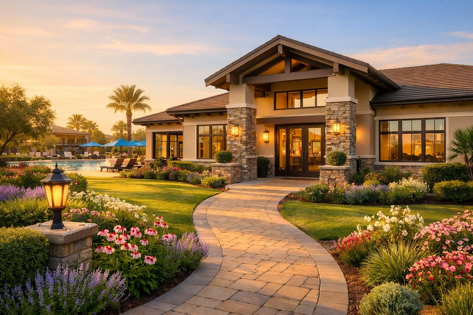 Modern 55+ community clubhouse with pool and landscaped grounds in Bucks County PA