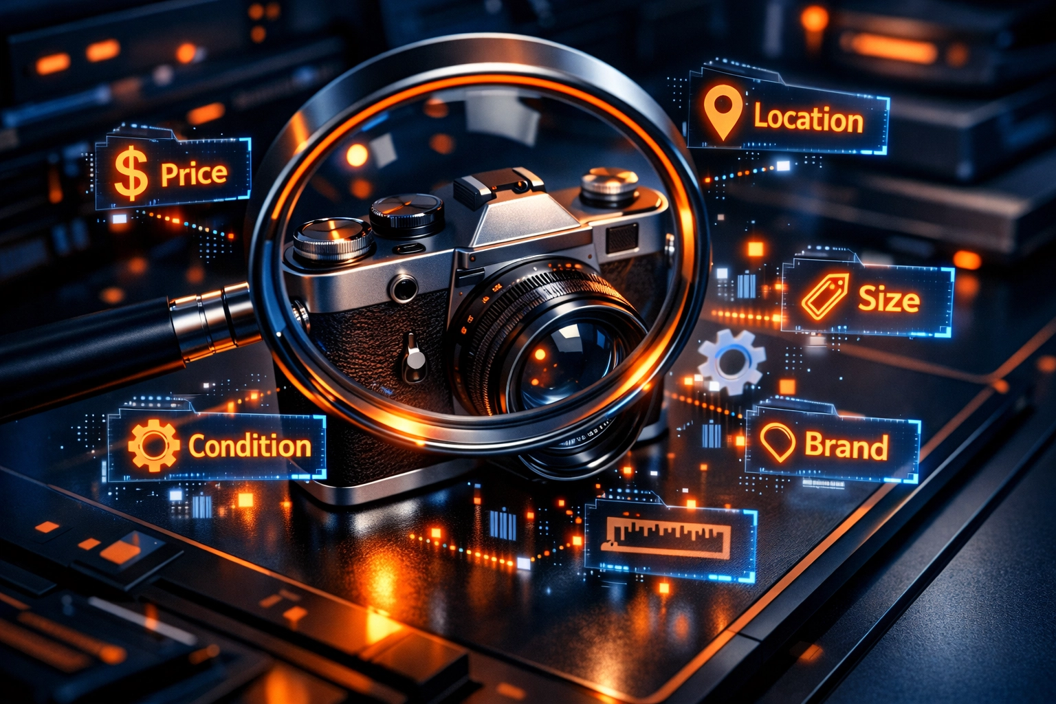 A magnifying glass inspecting a vintage camera surrounded by data icons for eBay listing optimization.