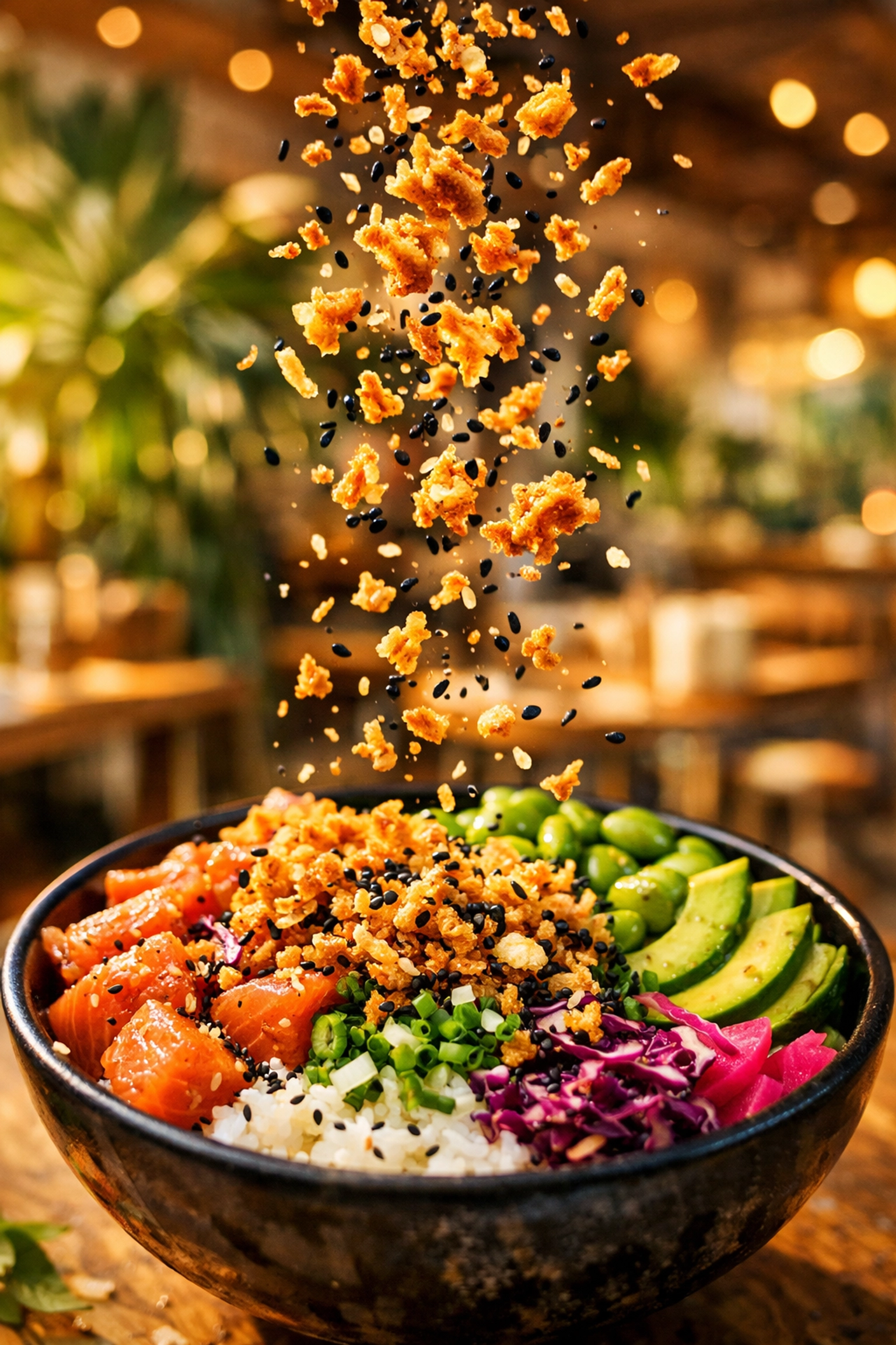 Ajout de toppings croquants sur un poke bowl gourmand dans un restaurant healthy.