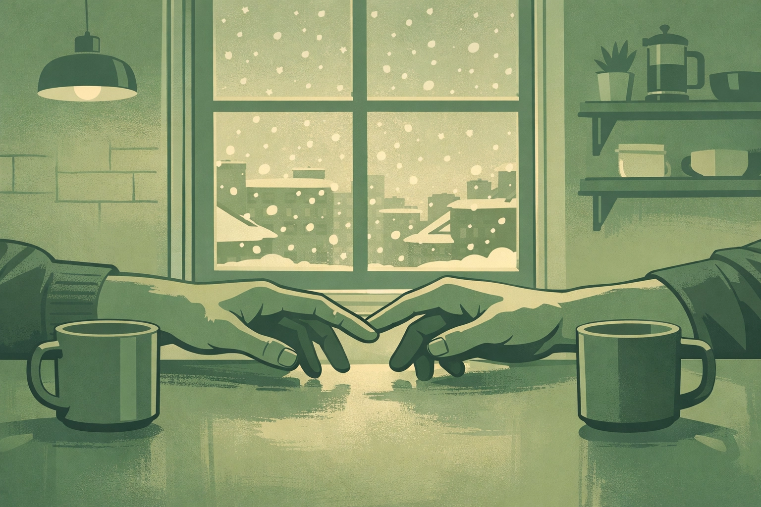 Intimate moment between two men in Toronto kitchen from contemporary gay romance story