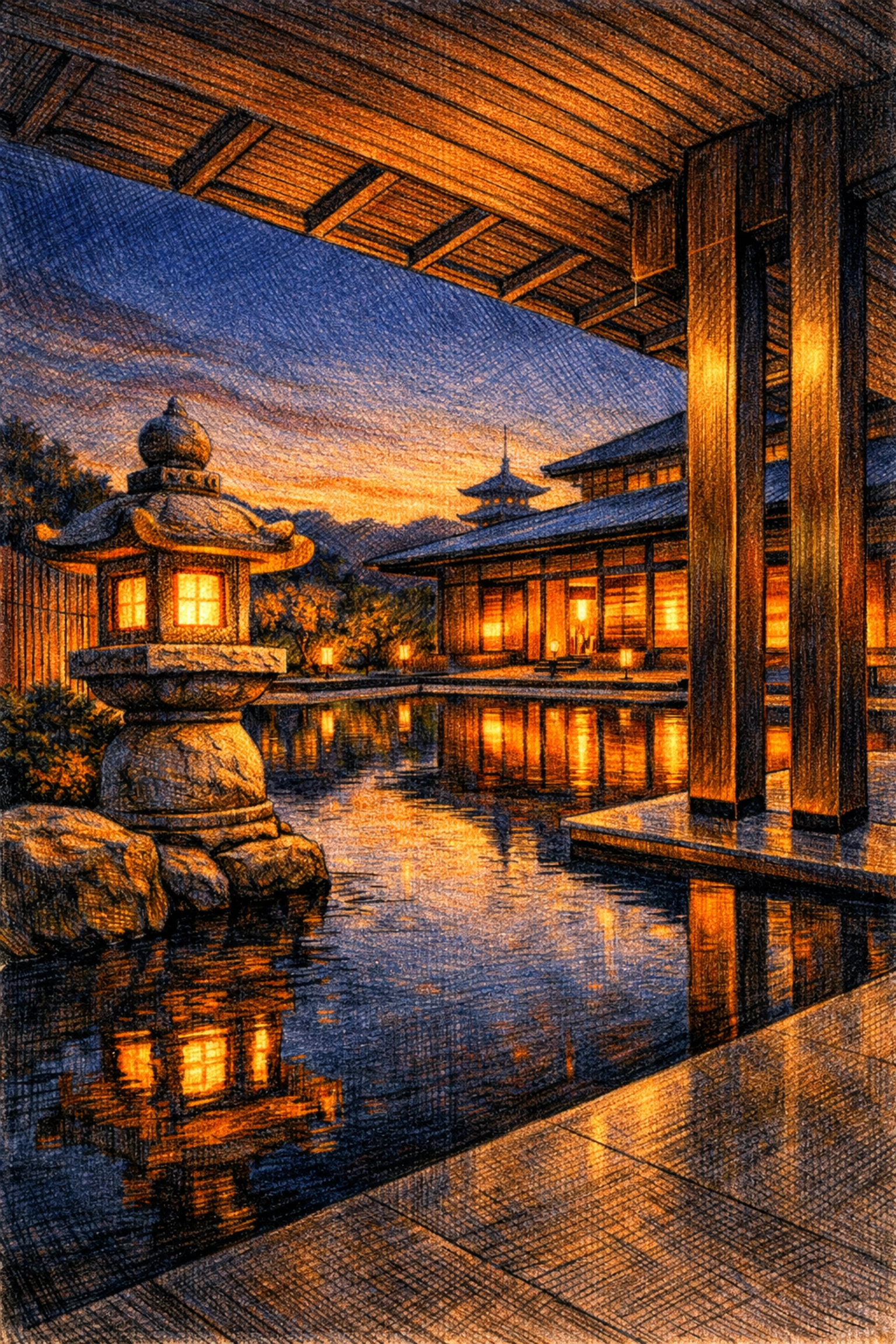 Luxury hotel courtyard in Kyoto featuring sustainable architecture and a reflecting pool.