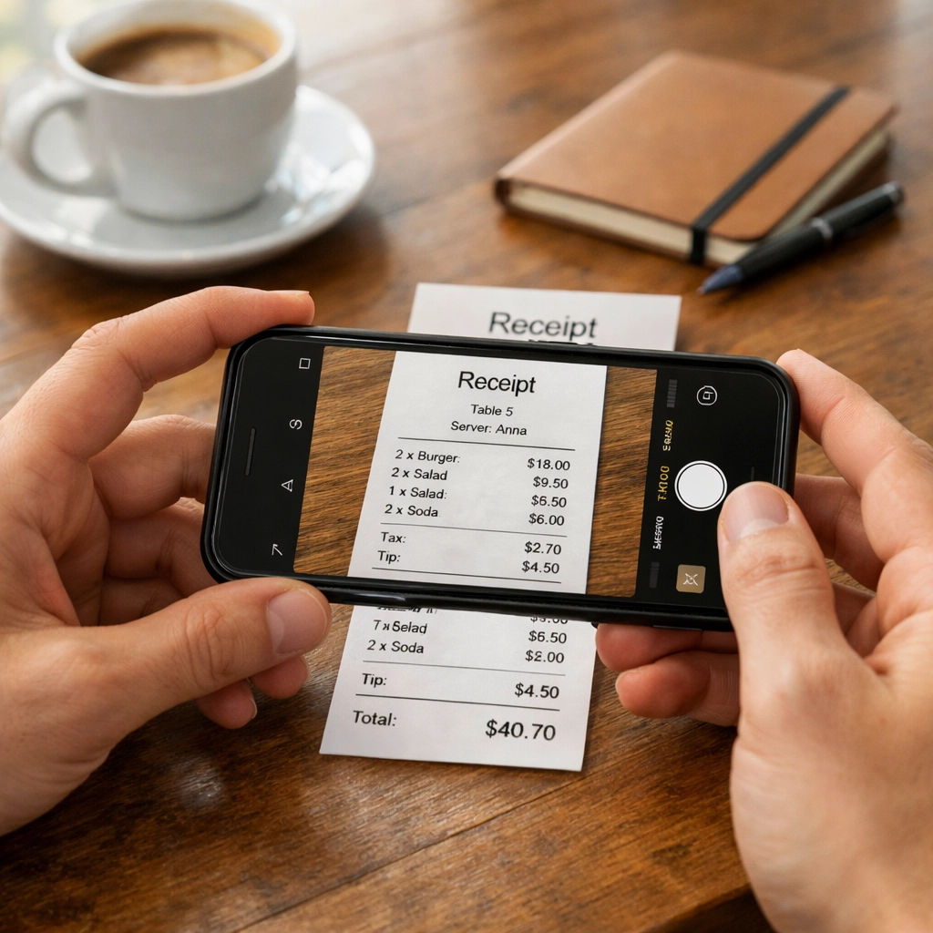 Business owner using smartphone to scan restaurant receipt for digital tax record keeping