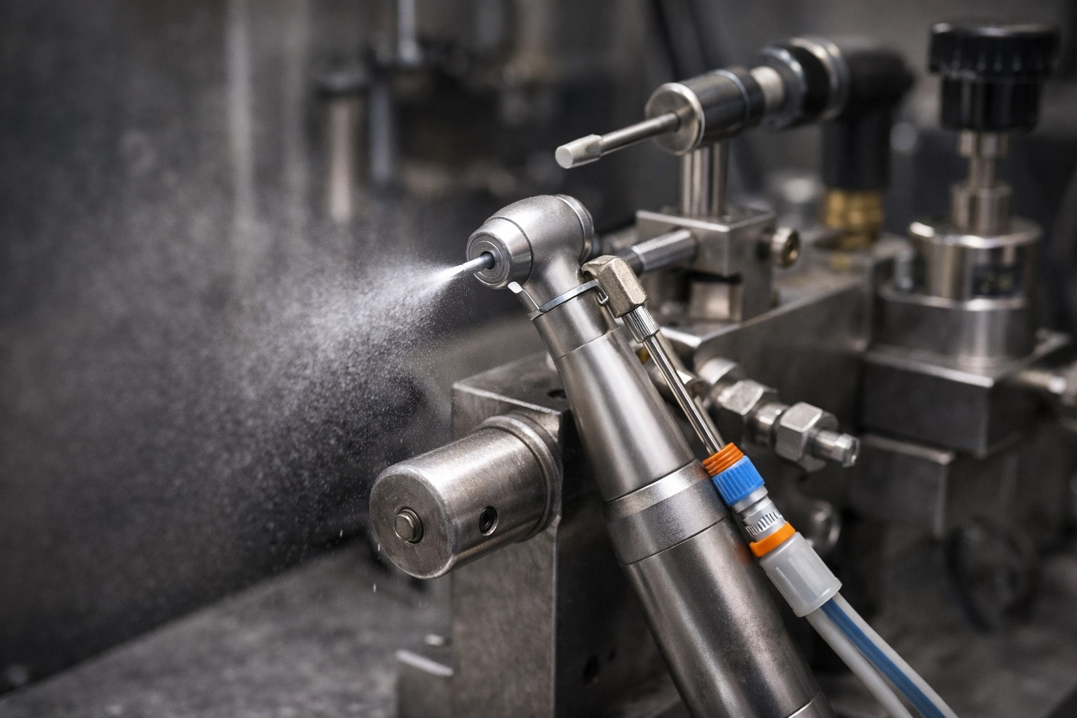 Close-up of a dental handpiece under performance testing on a workshop test rig: connected air/water lines, sensors, and visible spray (photorealistic, no text)