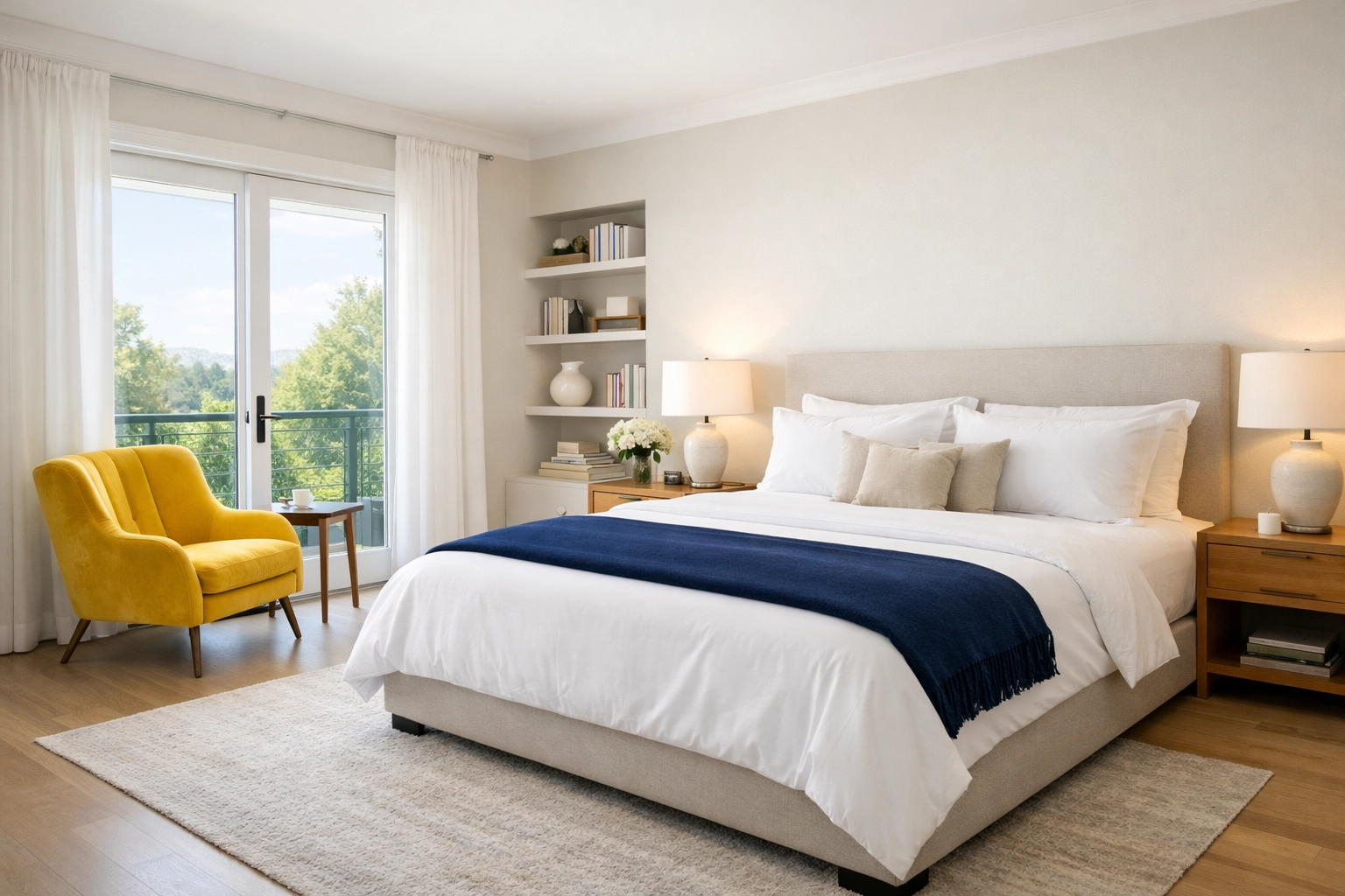 Decluttered Dover master bedroom showcasing the peace of mind from expert residential cleaning Massachusetts.