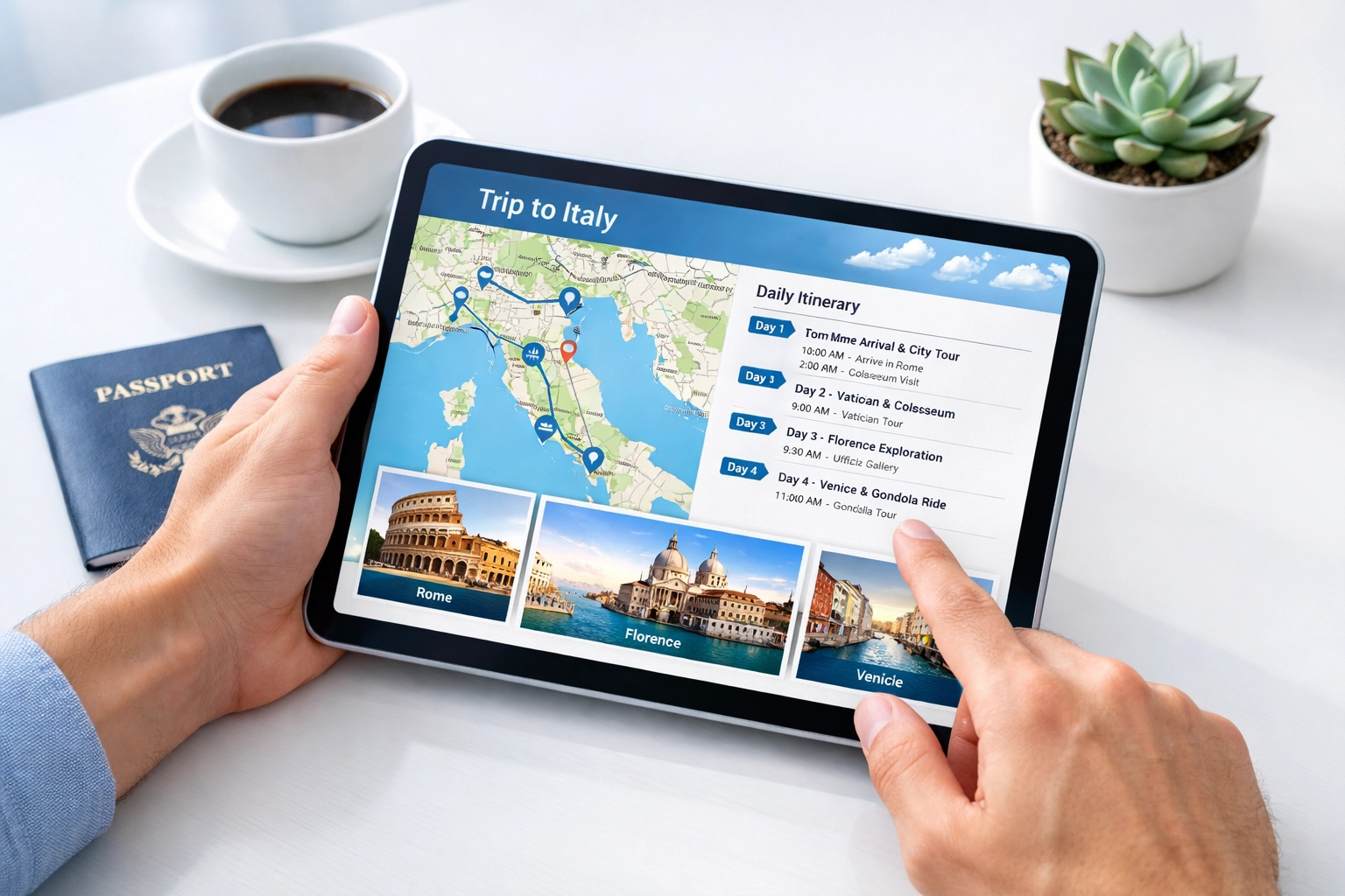 Digital custom travel itinerary displayed on tablet with organized timeline and destination maps