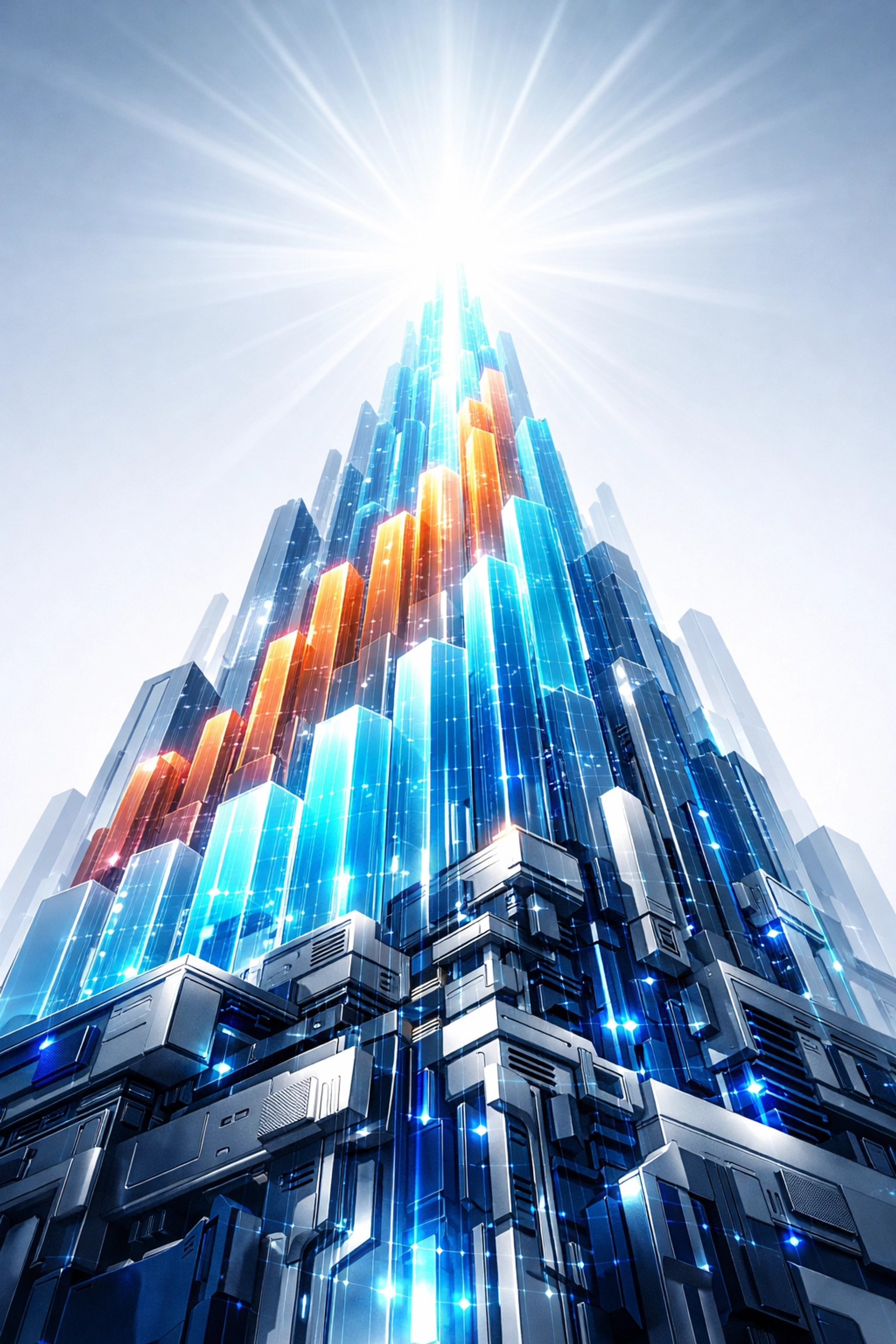 Rising digital bar charts forming a growth tower representing business success with AI SEO.