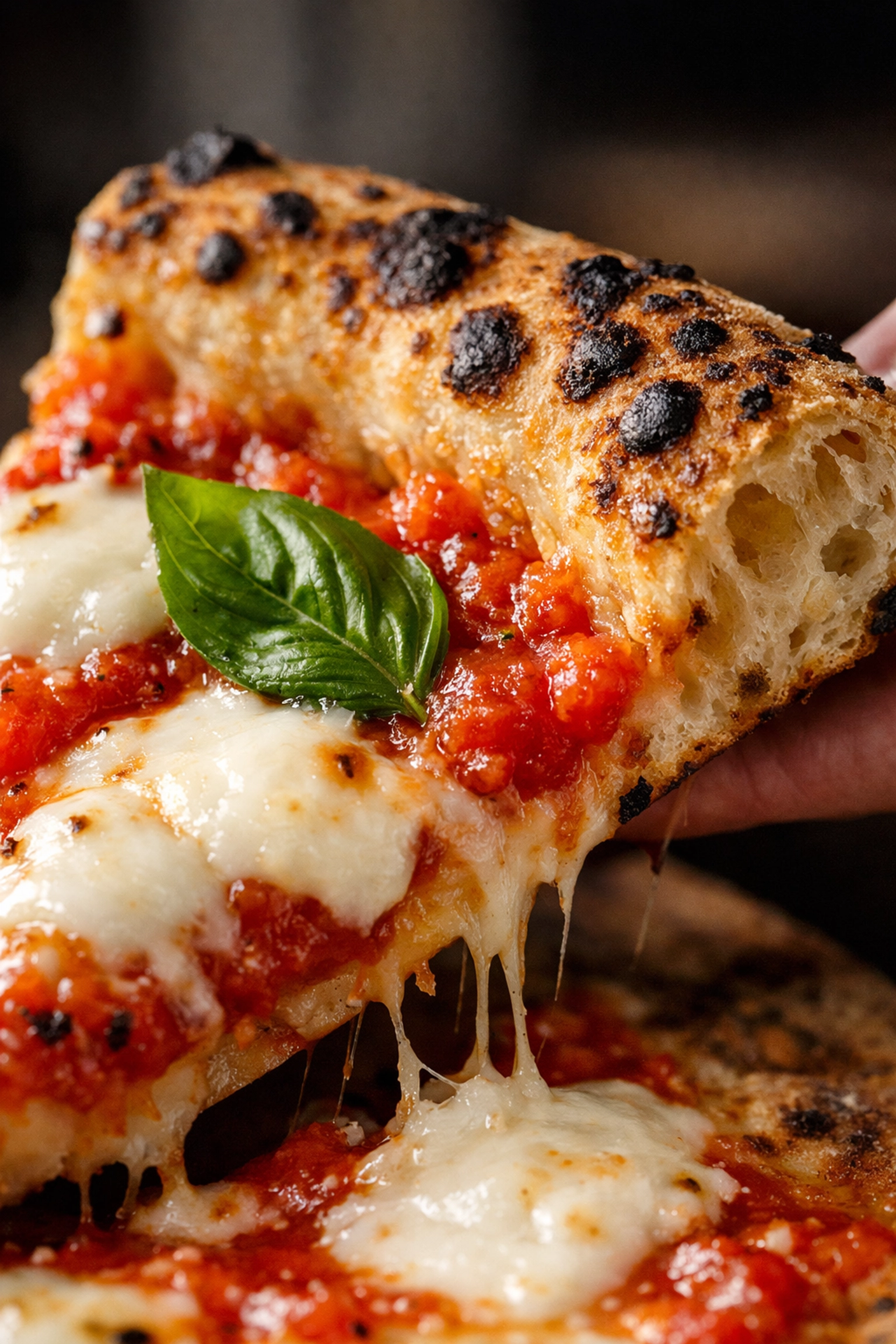Authentic Neapolitan pizza with a leopard-spotted crust and fresh buffalo mozzarella in Montreal.