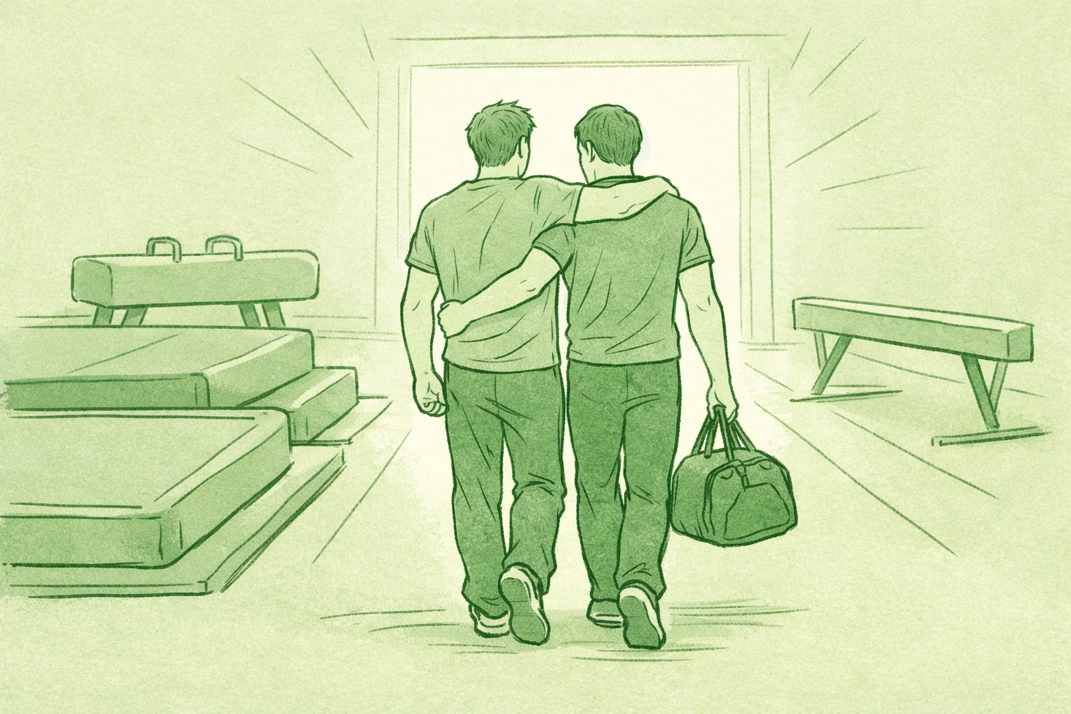 A gay couple walking together after a competition, representing redemption and togetherness in MM fiction.