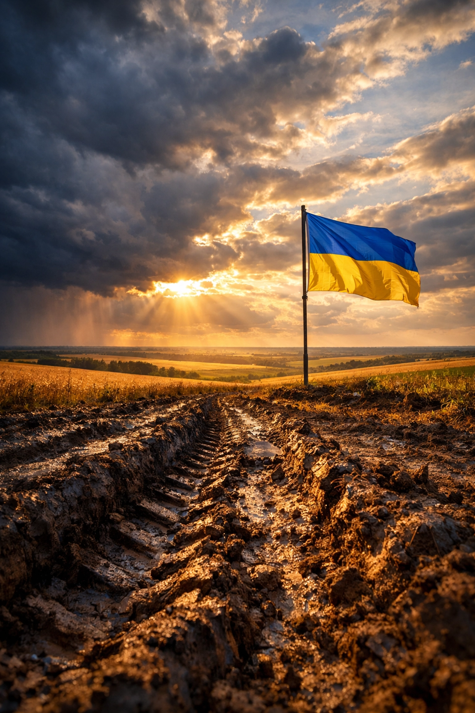 Ukrainian flag on reclaimed farmland symbolizing hope after territorial gains
