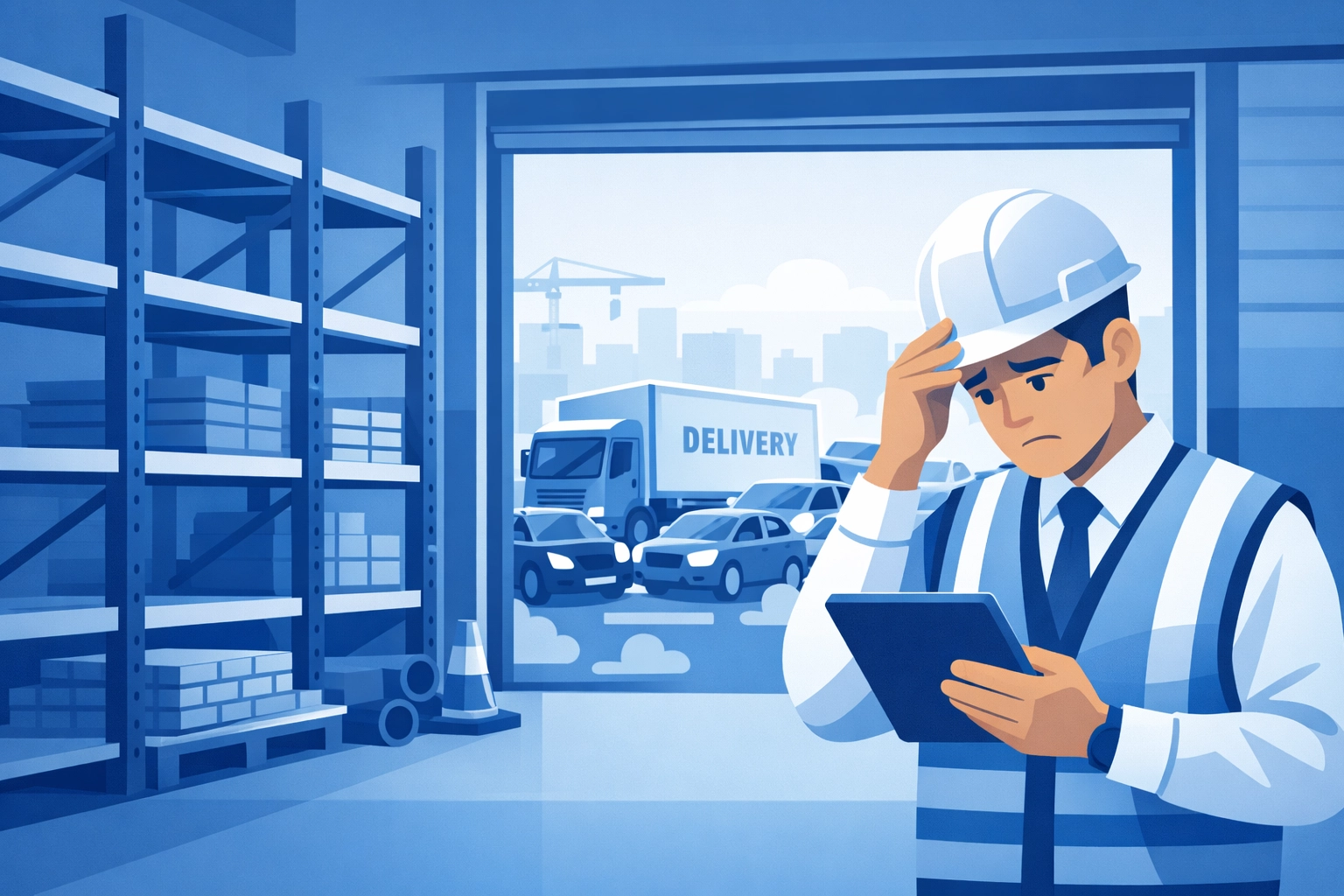 Construction warehouse with empty shelves and delayed material delivery illustrating supply chain disruption