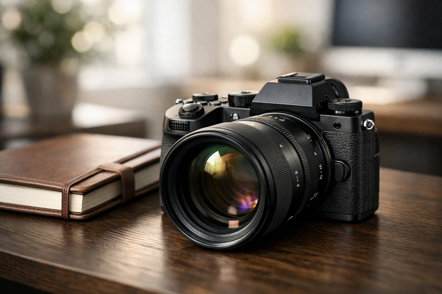 A professional camera on a desk, representing the best mirrorless cameras for photography for beginners.