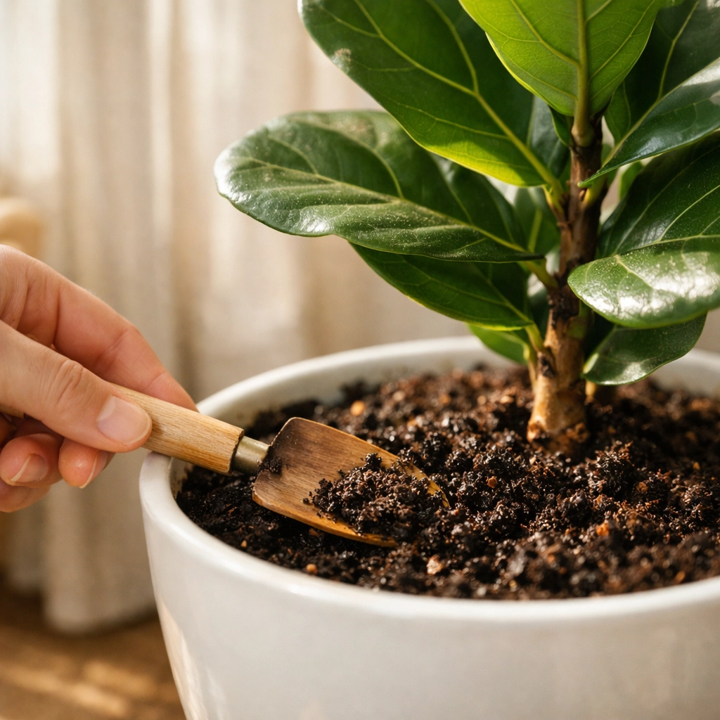 Adding nutrient-rich organic compost to a healthy indoor plant in a bright living room.