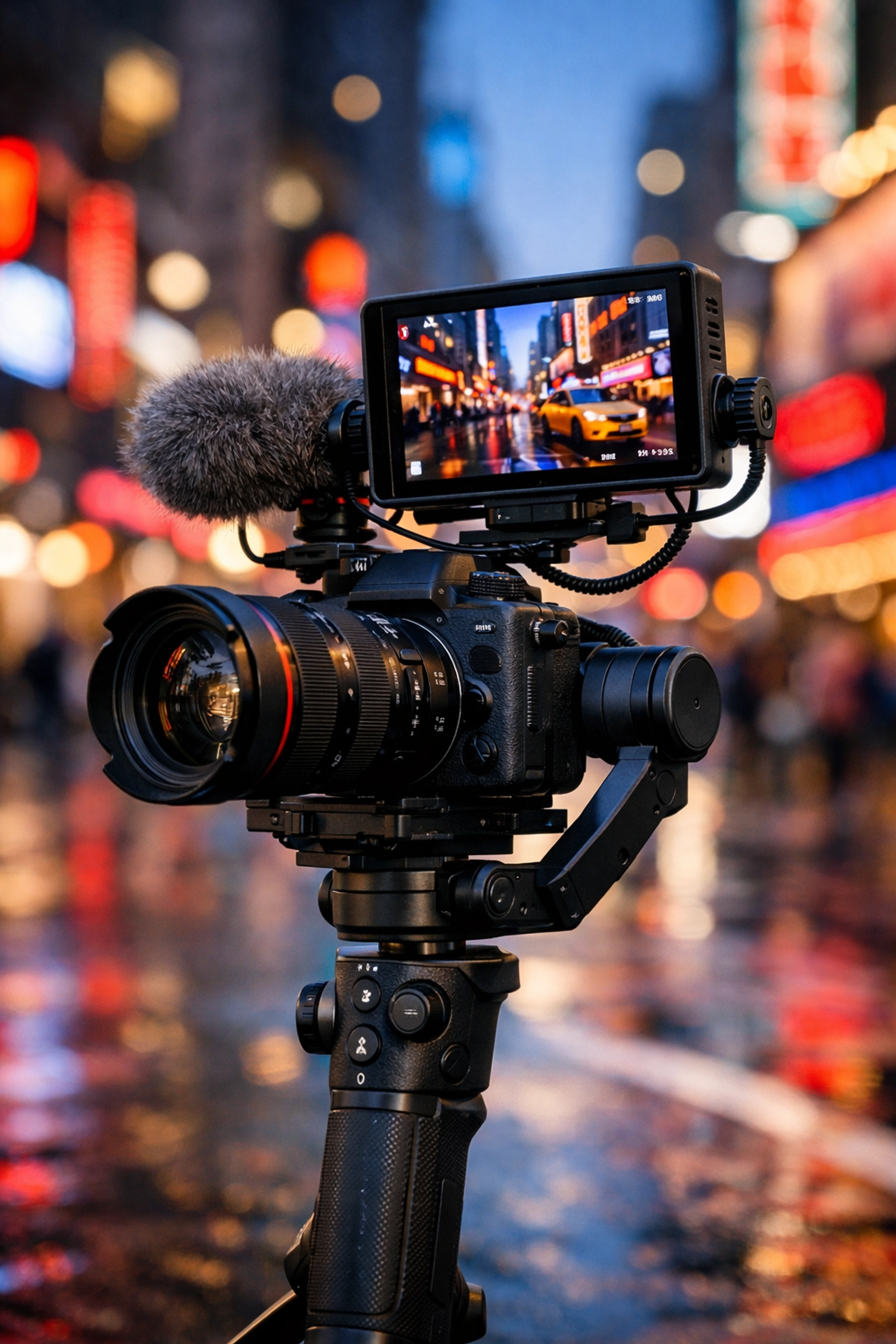 Hybrid mirrorless camera on a gimbal stabilizer being used for professional video content creation.