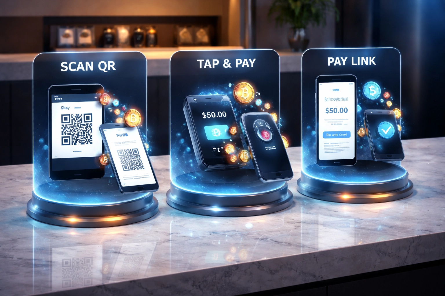 Comparison of three crypto POS systems for small businesses, featuring digital payment interfaces and QR code scanning in a modern retail setting