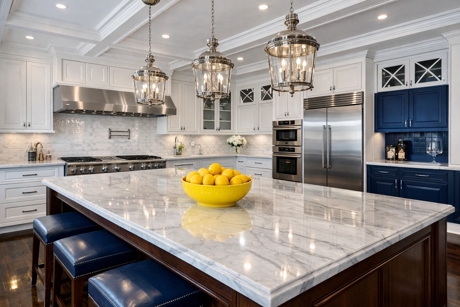 Spotless marble kitchen in a Hingham estate after a visit from professional cleaners in Hingham.