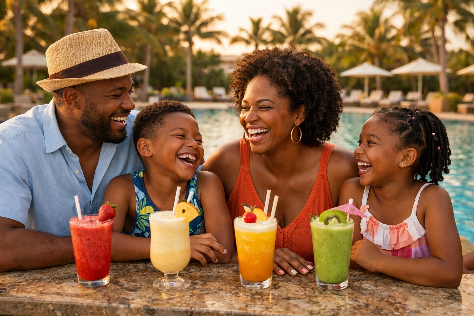 Family enjoying all-inclusive Caribbean resort with tropical drinks at poolside