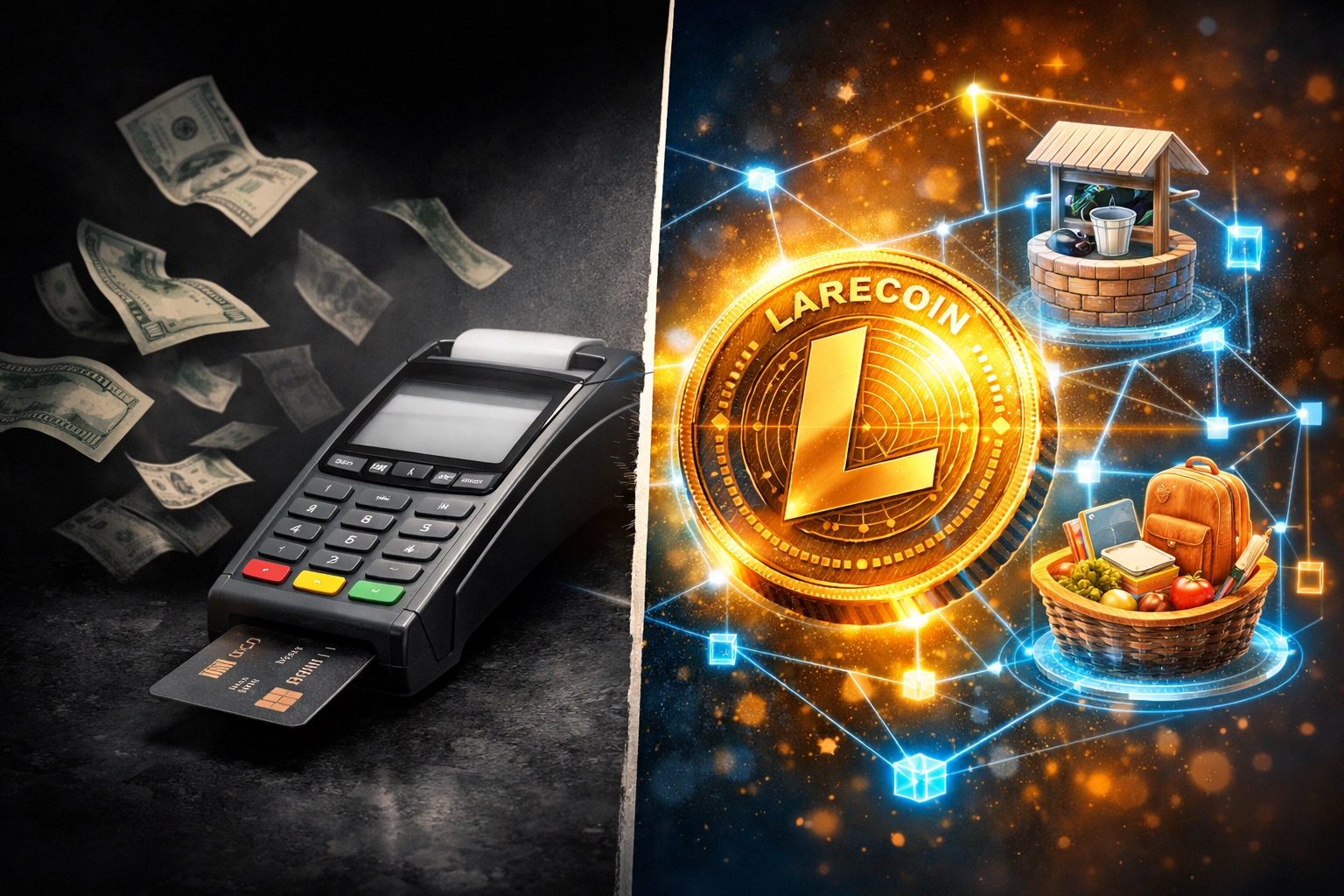 Traditional payment terminal versus Larecoin crypto payments funding global charities and humanitarian aid
