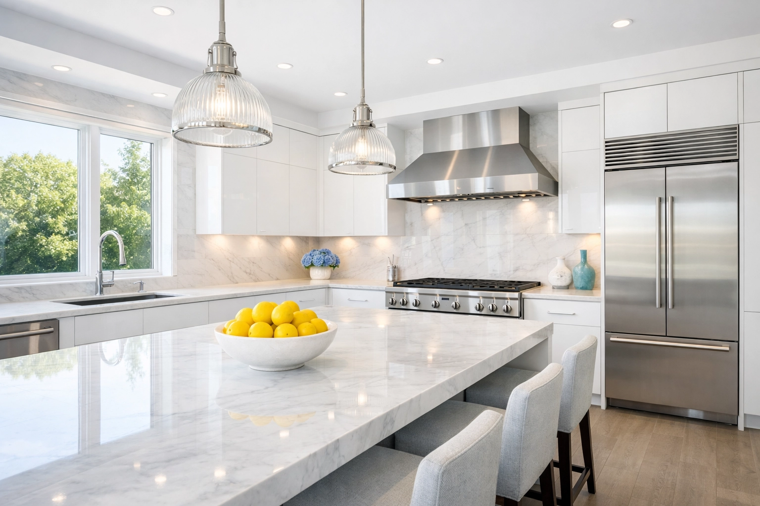 Luxury house cleaning Newton MA results in a modern, sun-drenched kitchen with marble countertops.