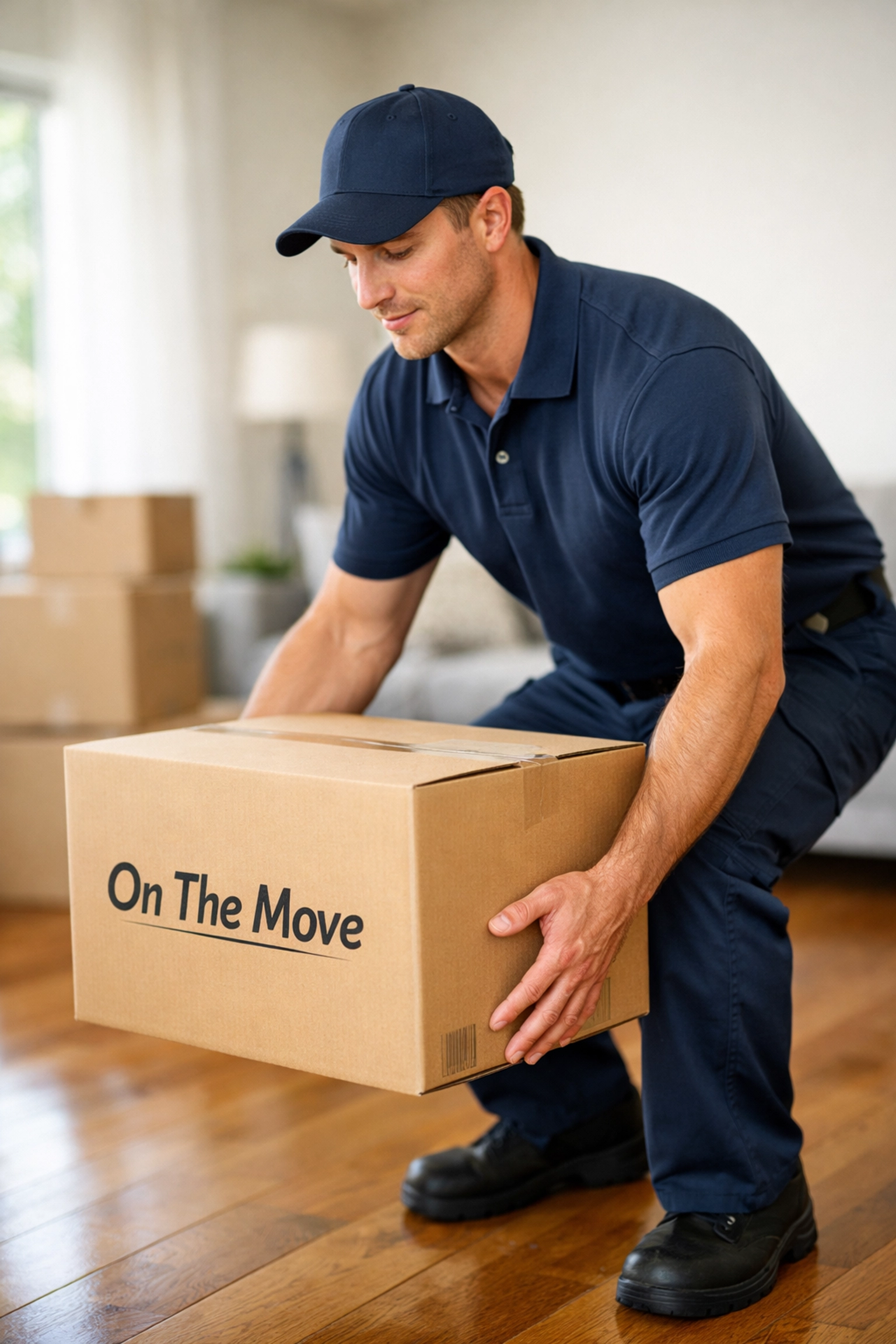Professional Ajax mover in uniform lifting a branded box in a sunlit residential living room.