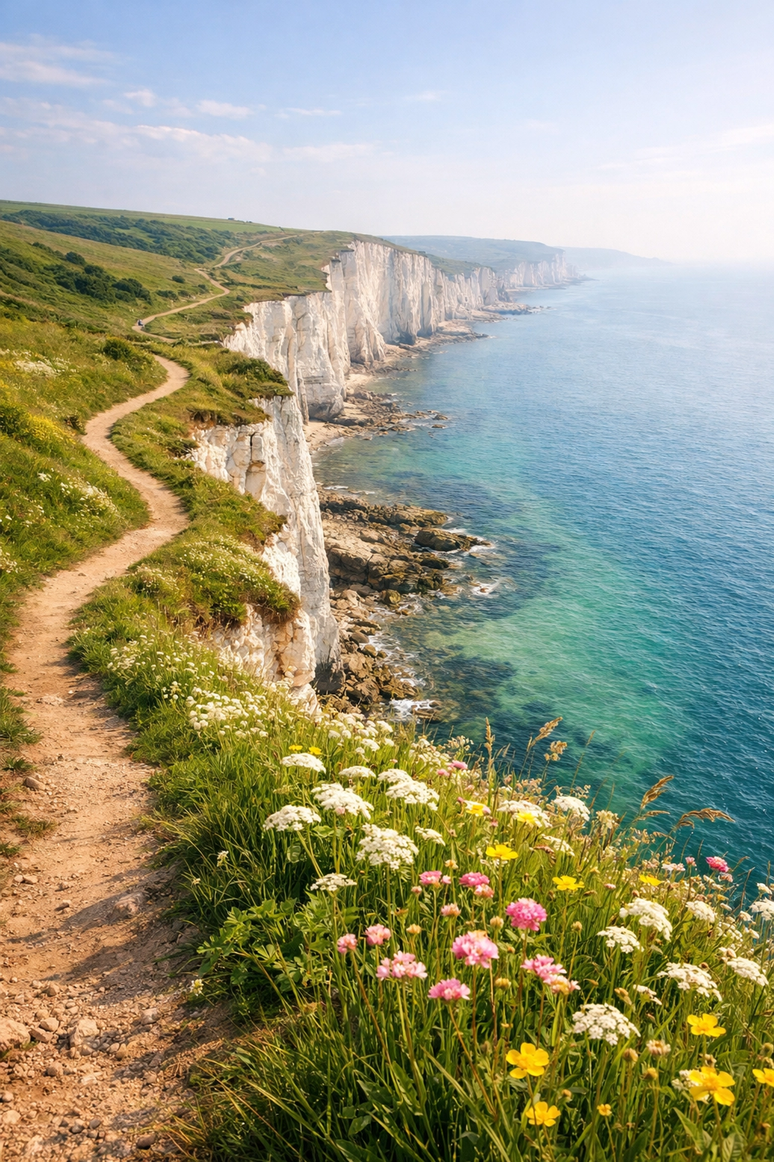 Scenic coastal hiking trail along dramatic white chalk cliffs overlooking the turquoise sea in the UK.