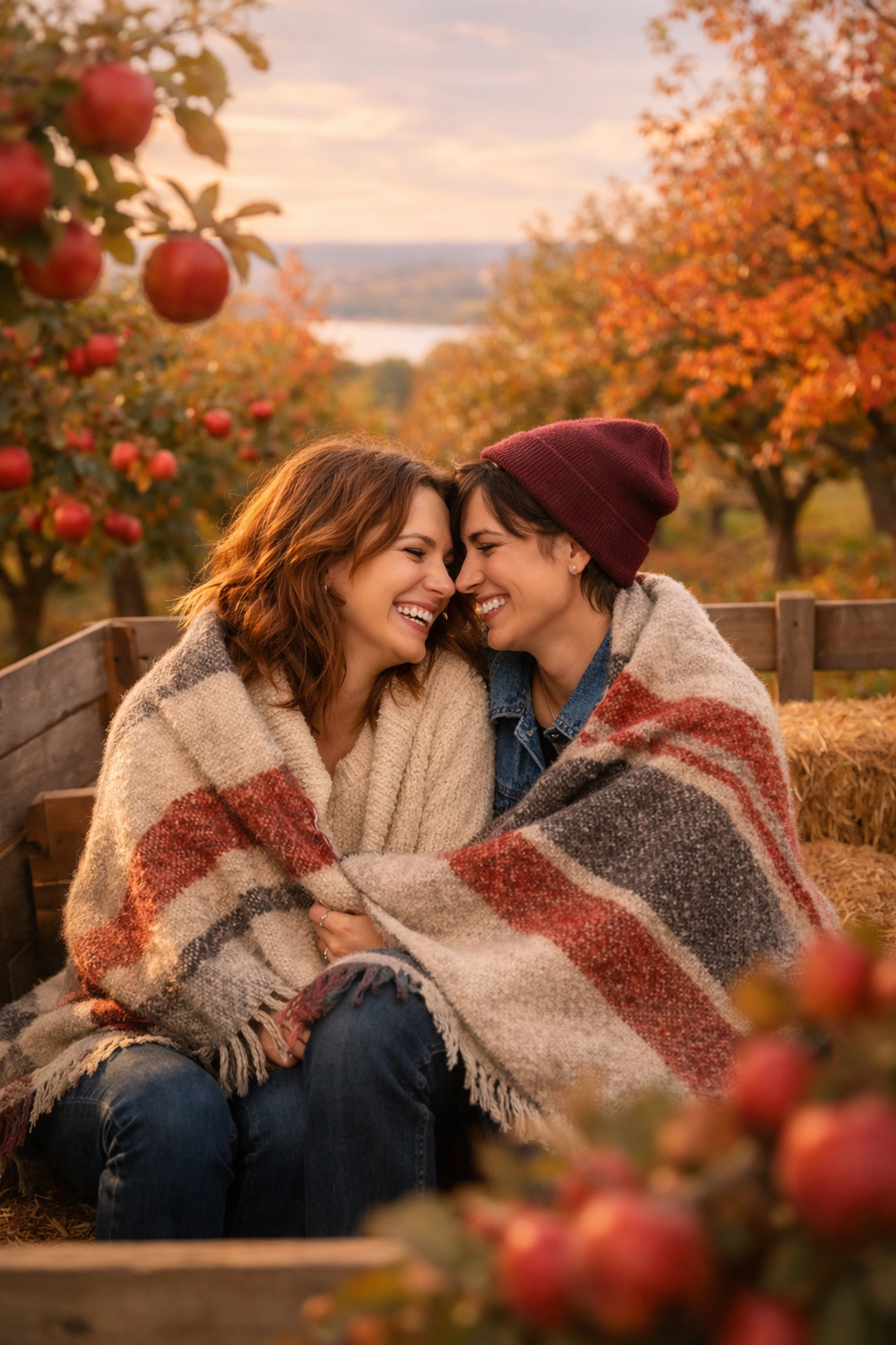Lesbian couple on a romantic autumn wagon ride through a colorful orchard, evoking a gay contemporary romance aesthetic.