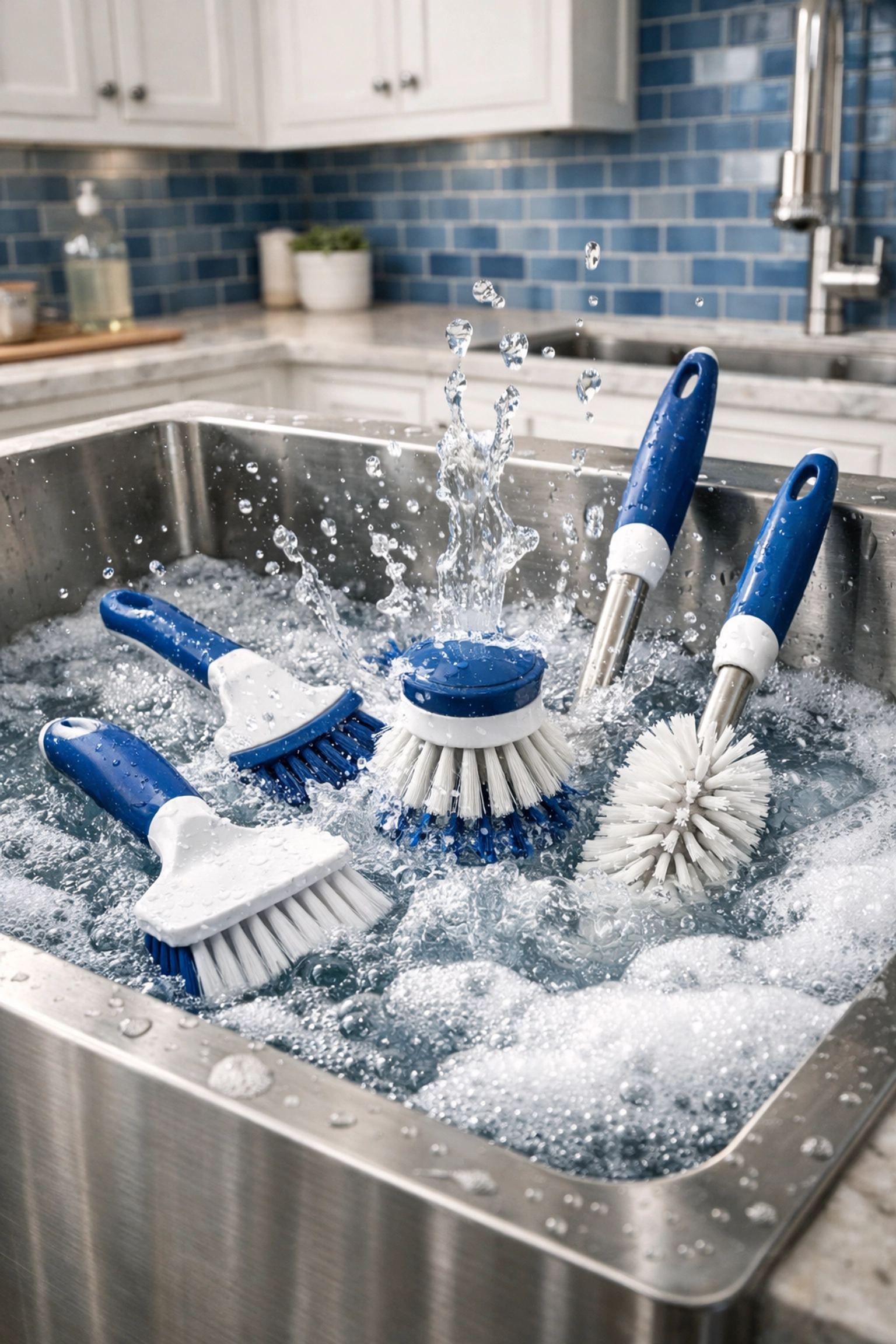 Sanitizing blue and white scrub brushes in a soapy kitchen sink to maintain clean cleaning equipment.
