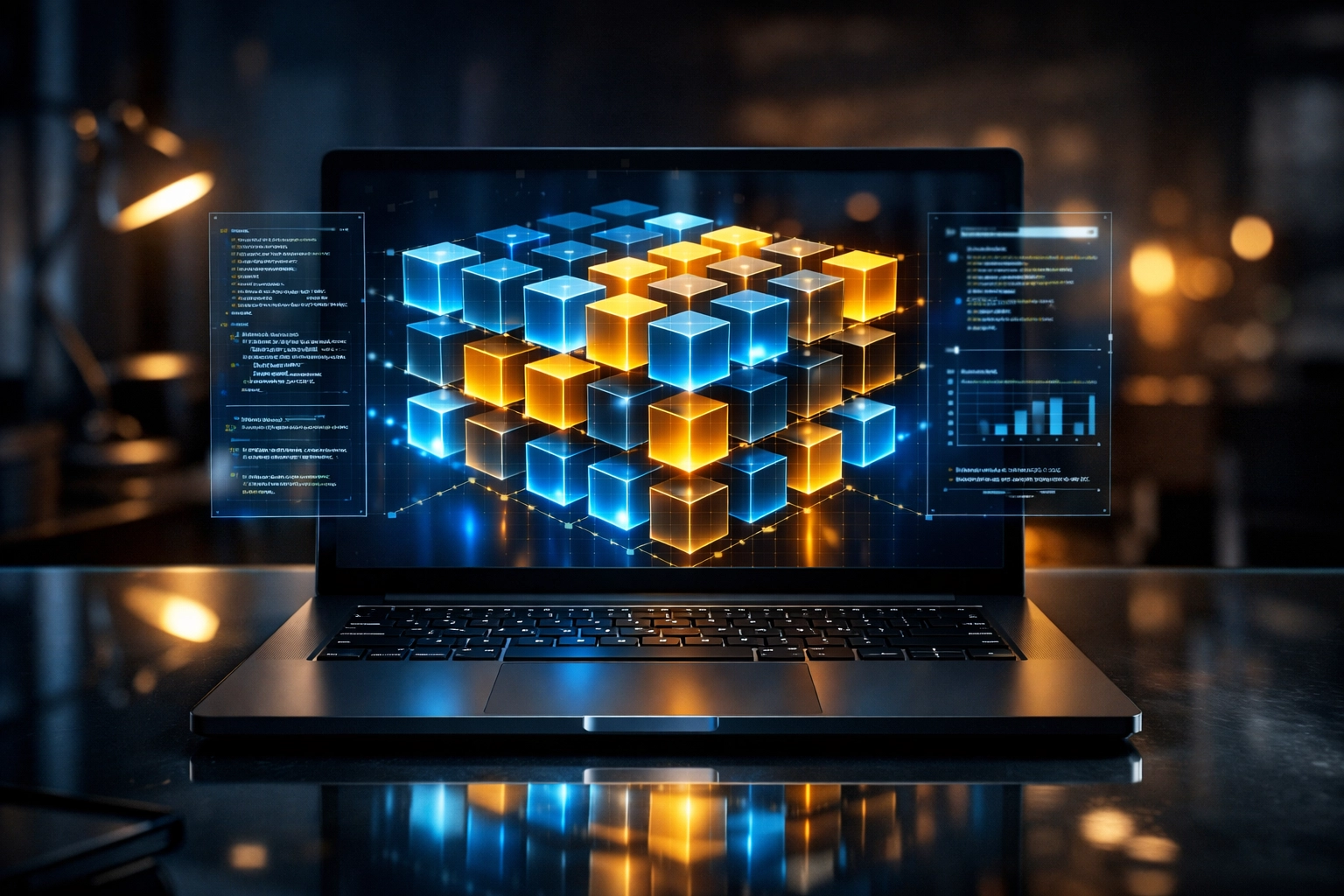 Holographic display showing structured data and schema markup on a laptop for AI SEO optimization.