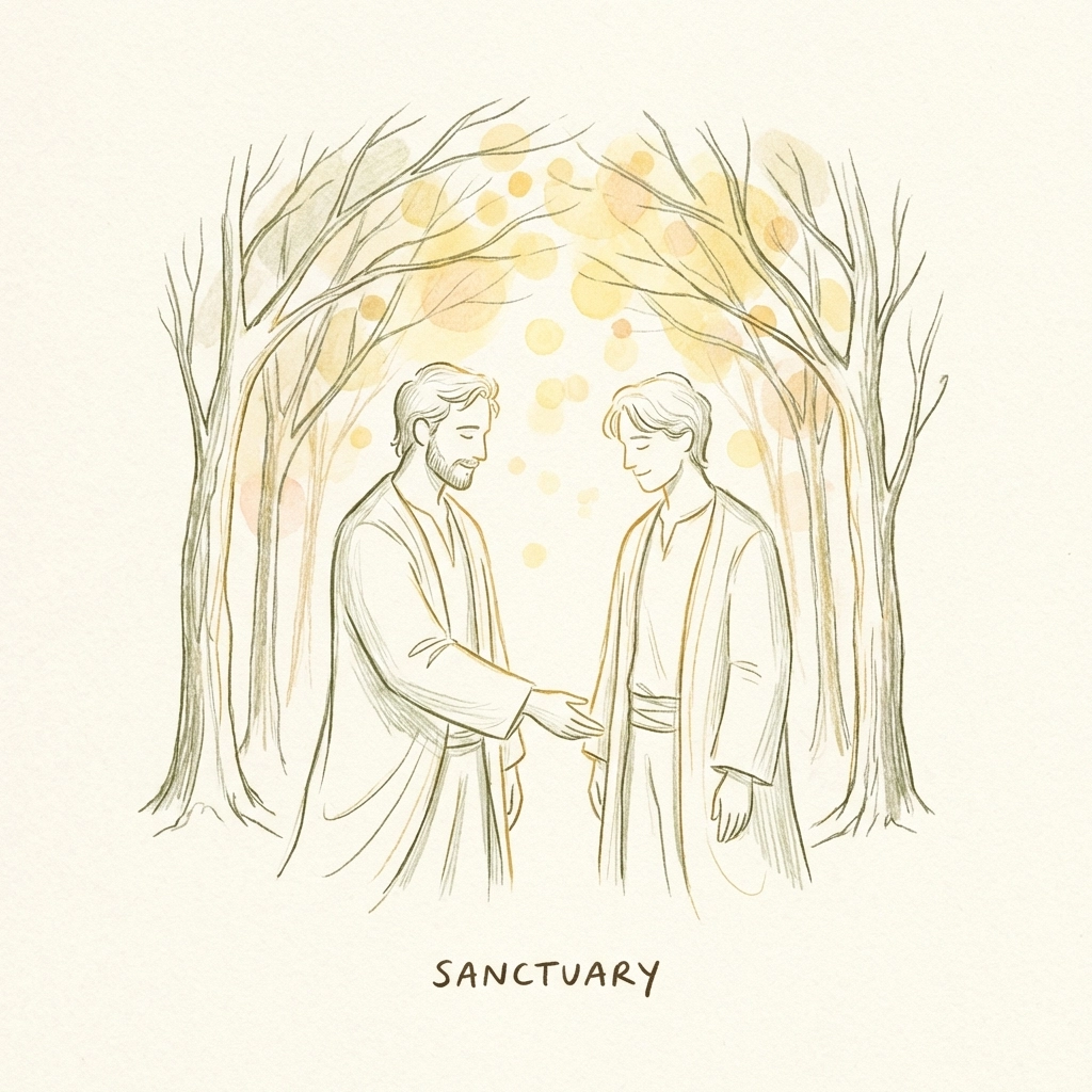 Two men standing face to face in a sunlit forest, gently connecting to highlight vulnerability and intimacy in body-positive stories.