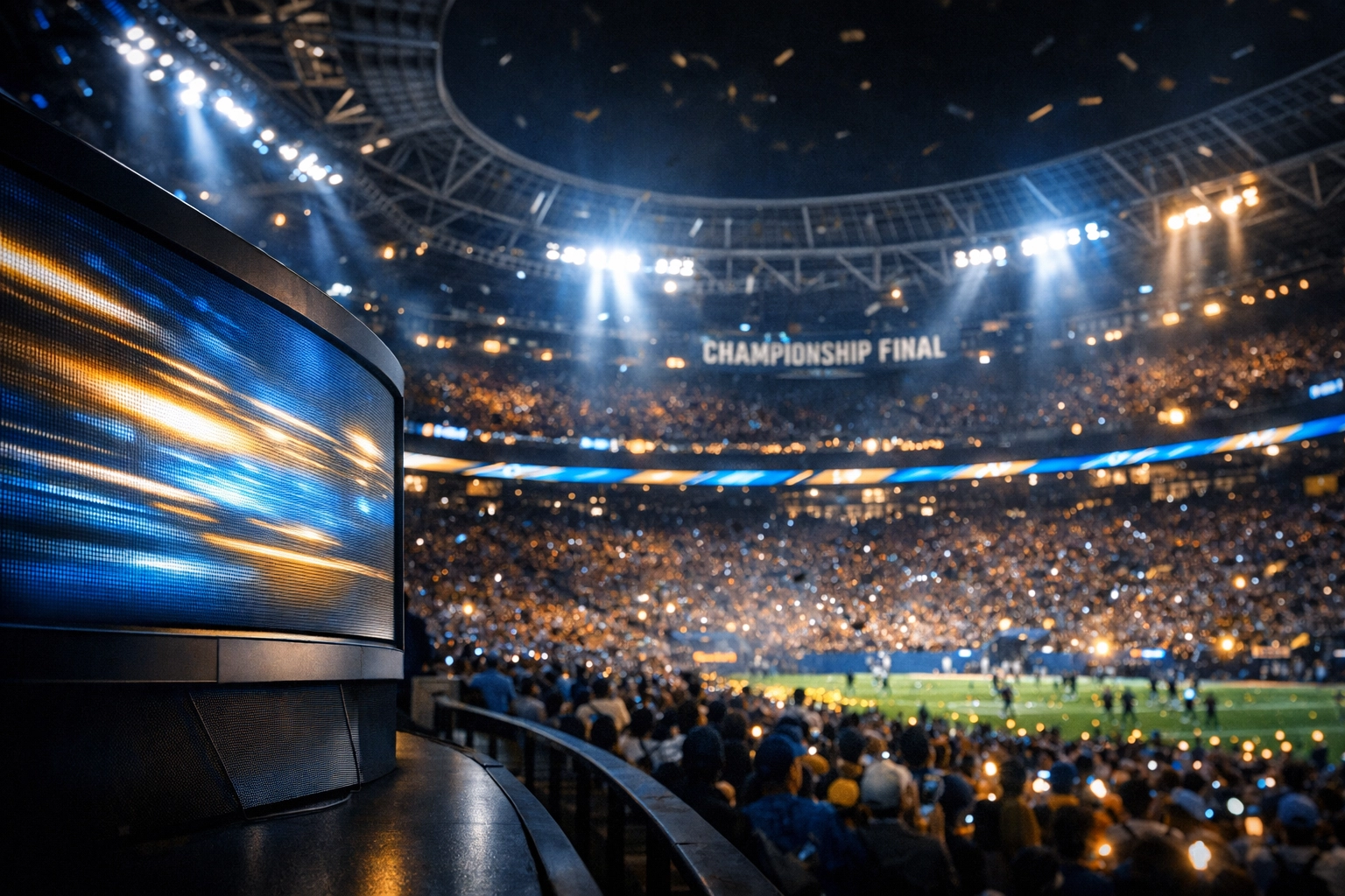 Dynamic sports stadium interior showing digital marketing displays and the Sporttron network interface.