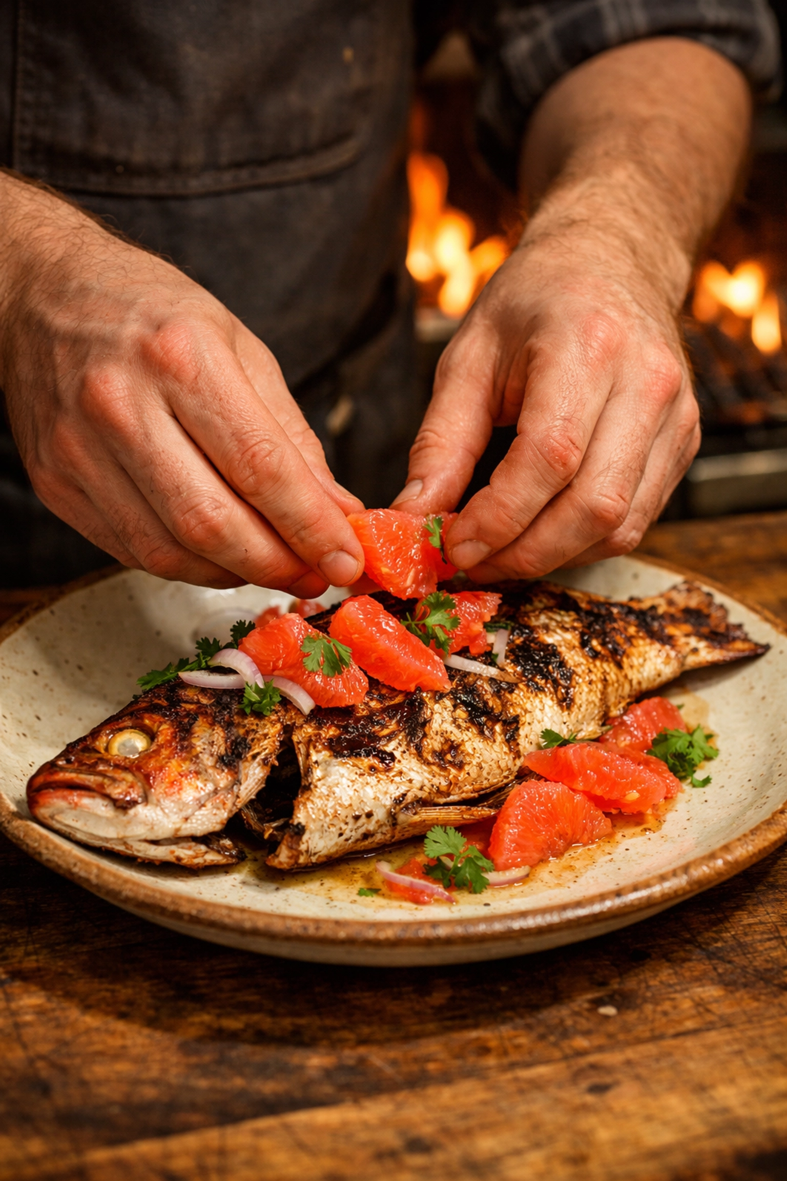 BBQ red snapper with grapefruit at Arquet, plated with char marks from wood-fired grill