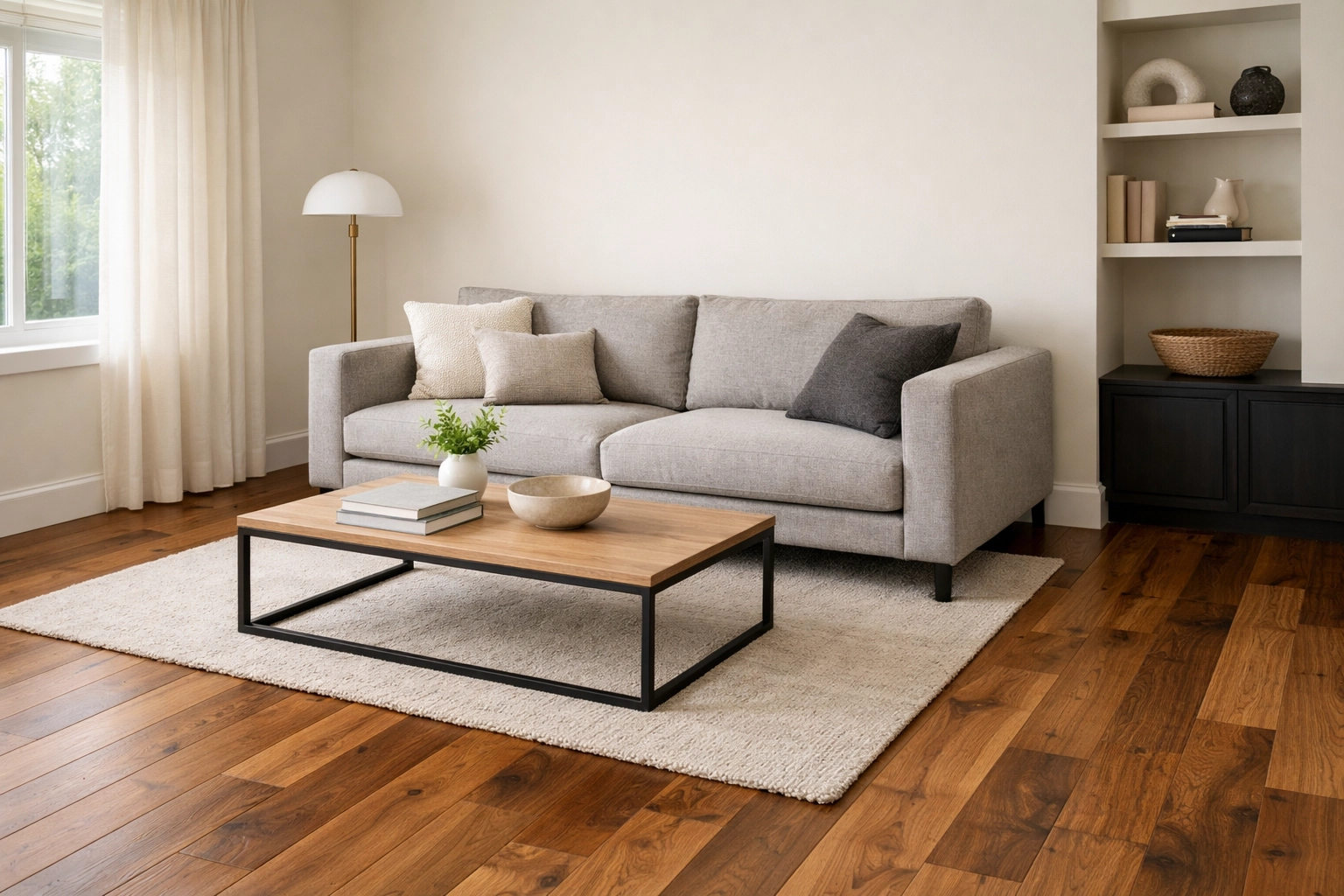 Cohesive home renovation with caramel walnut flooring and professional interior painting in Orlando.