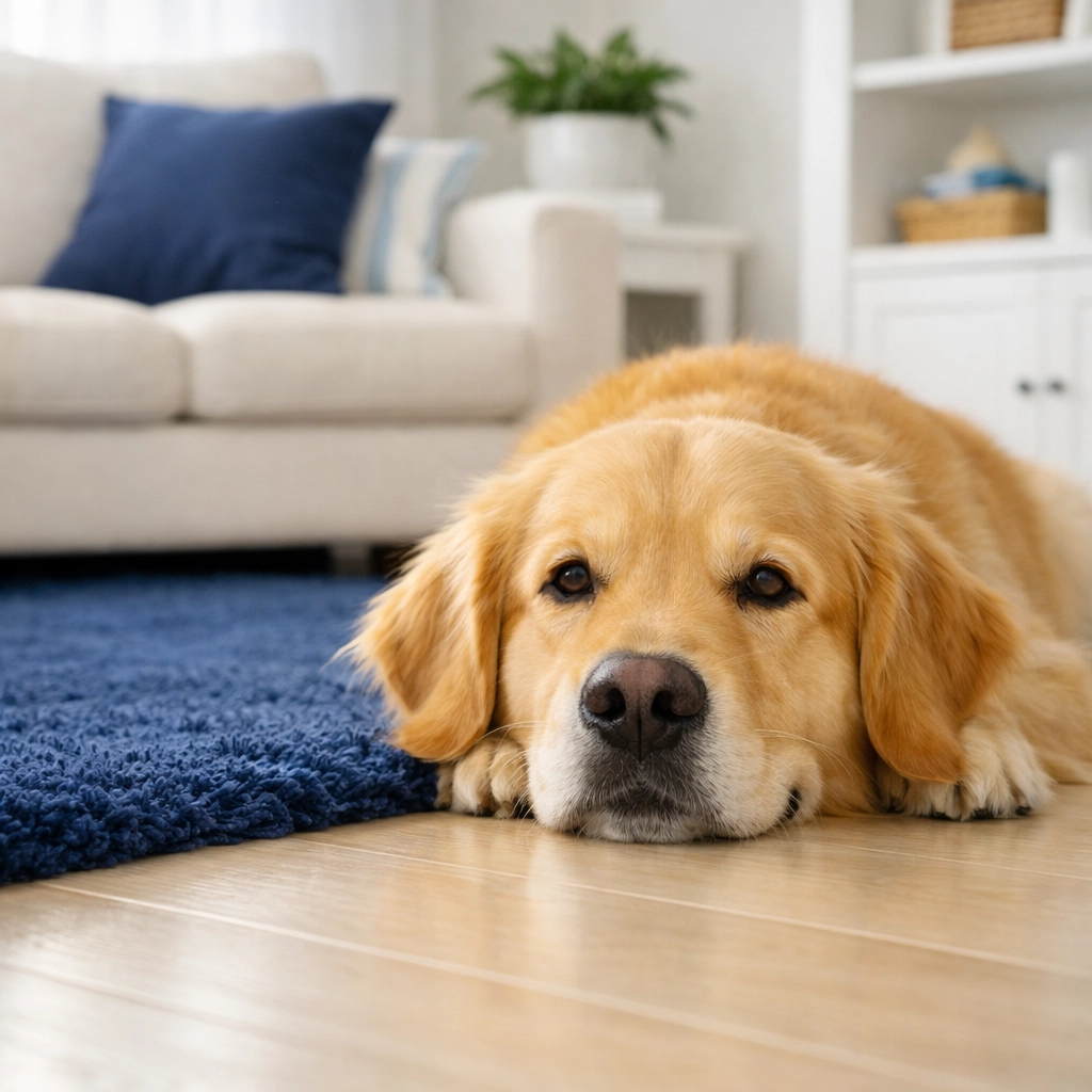 Happy Golden Retriever on a spotless hardwood floor after pet-safe residential cleaning in Medfield.