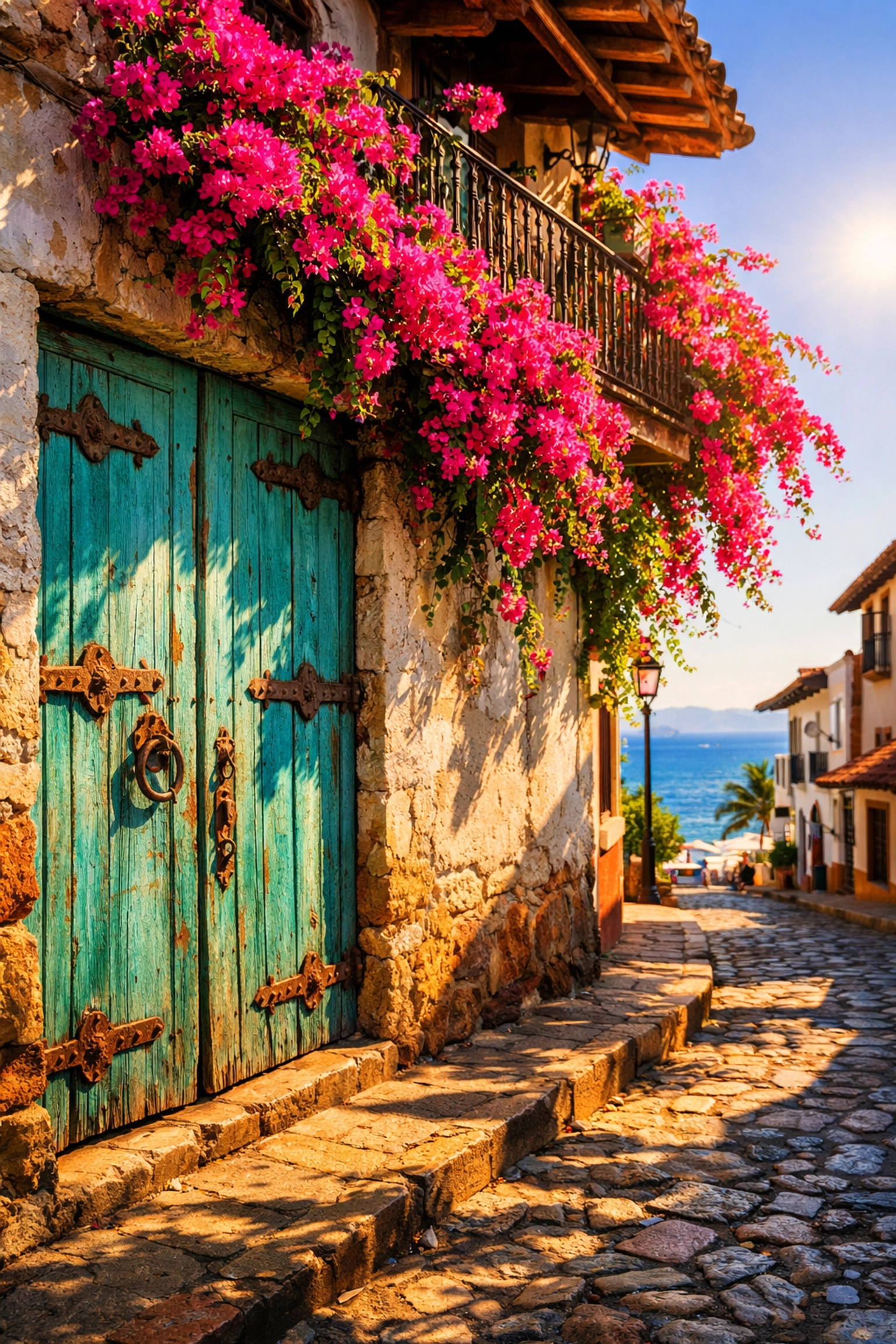Colorful bougainvillea and cobblestone streets in Old Town near condo rentals Puerto Vallarta Mexico.