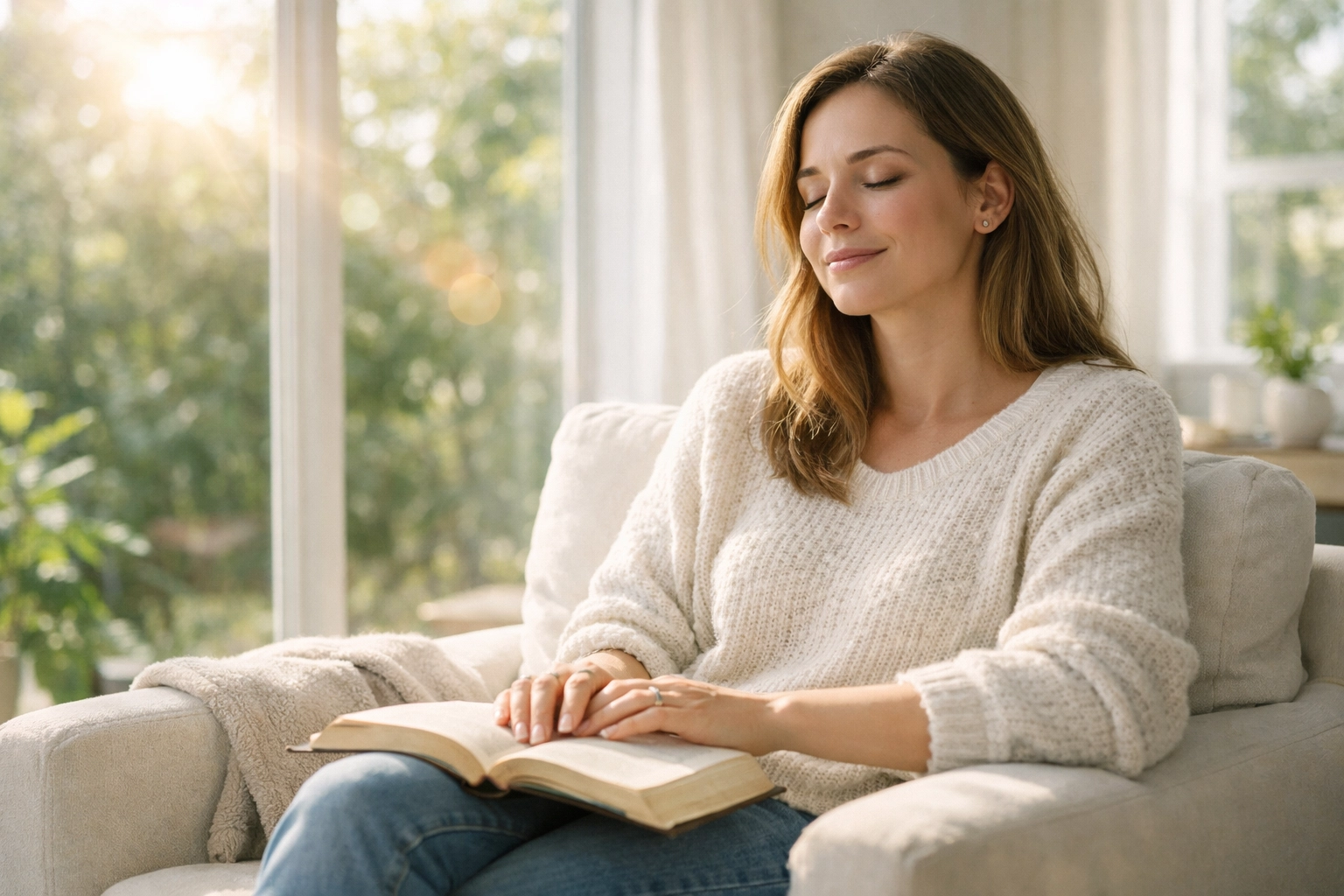 A woman finds peace and spiritual healing while praying over an open Bible in a sunlit room.