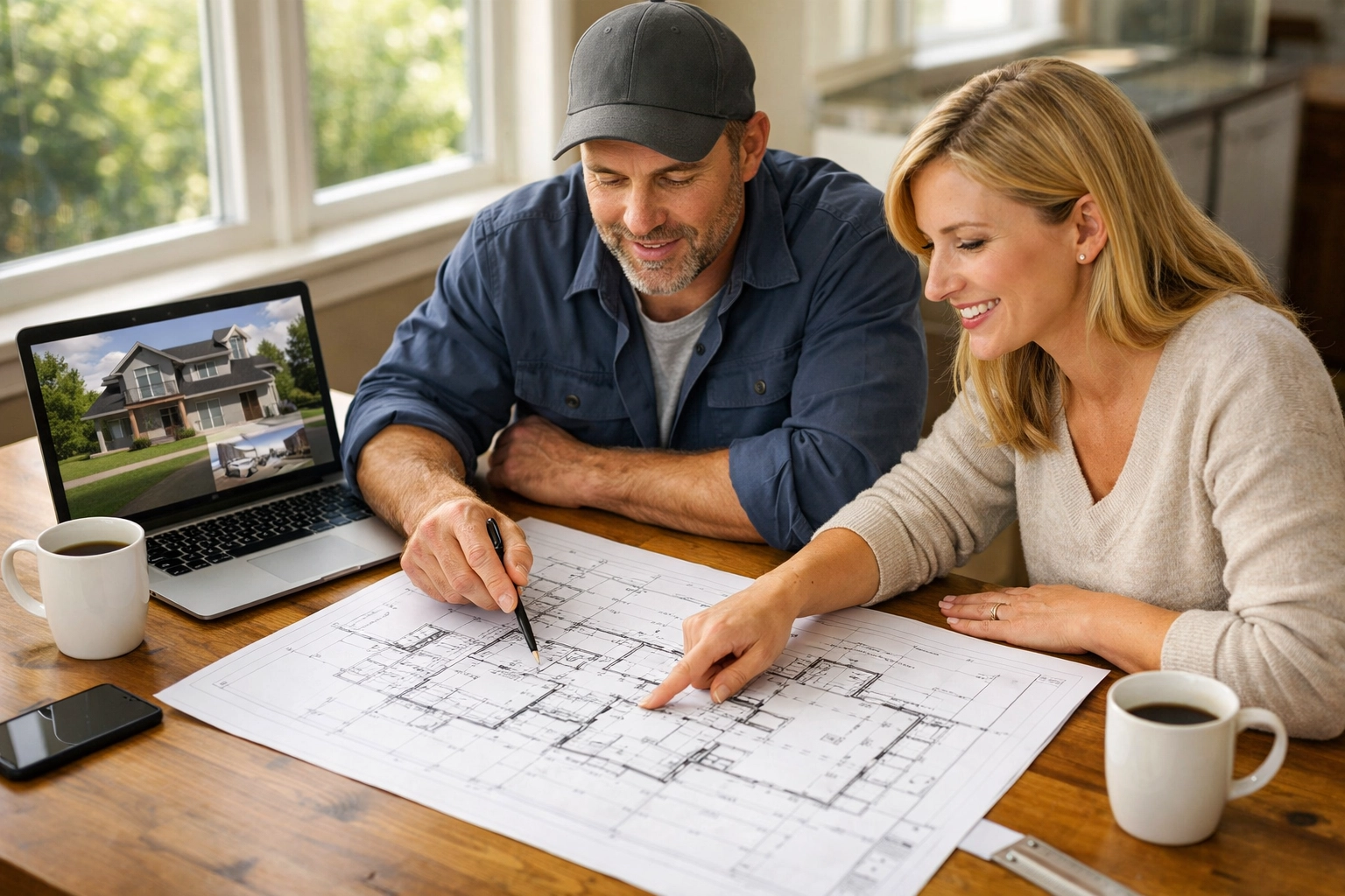 Custom home builder and homeowner reviewing blueprints during pre-planning phase in Okeechobee