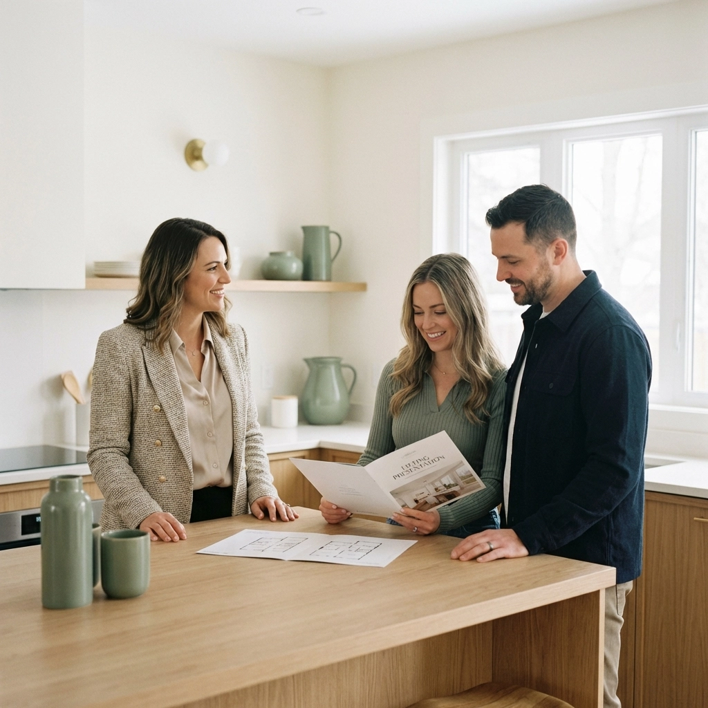 Real estate agent showing a floor plan to clients at a kitchen island, demonstrating effective Belleville property marketing.