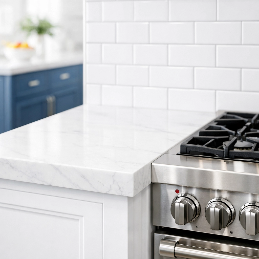 Spotless kitchen with white marble countertops and clean grout after a deep cleaning in Leominster MA.