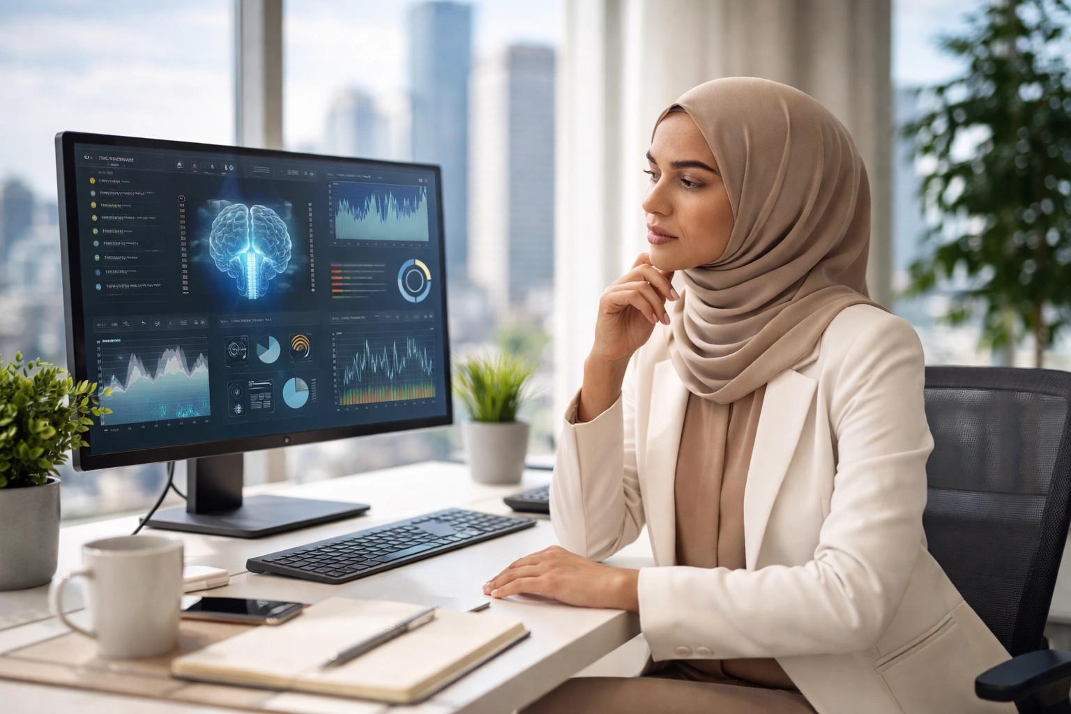 Professional woman analyzes data at office desk, highlighting AI integration in business