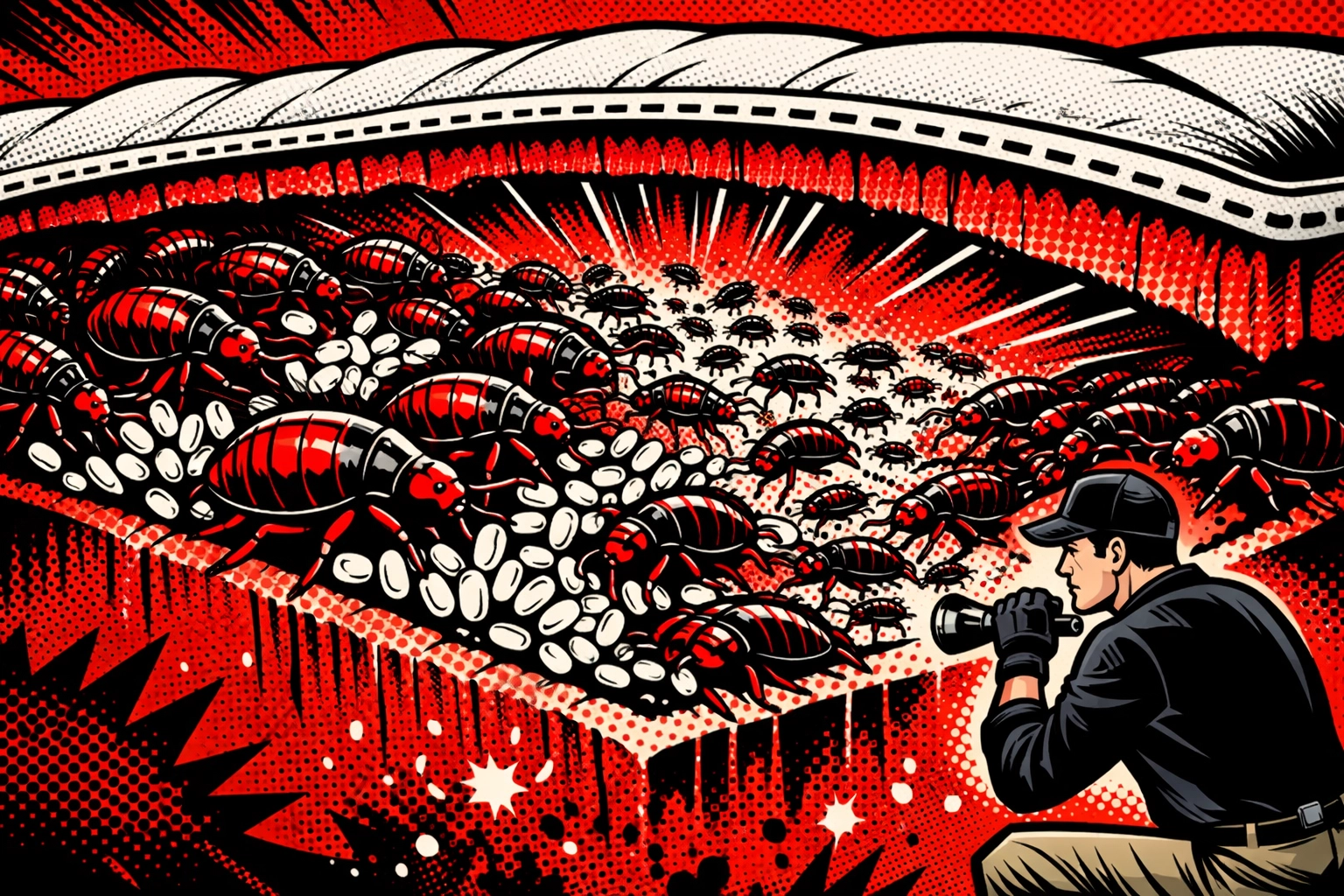 Bed bugs rapidly multiplying inside mattress seams showing exponential population growth