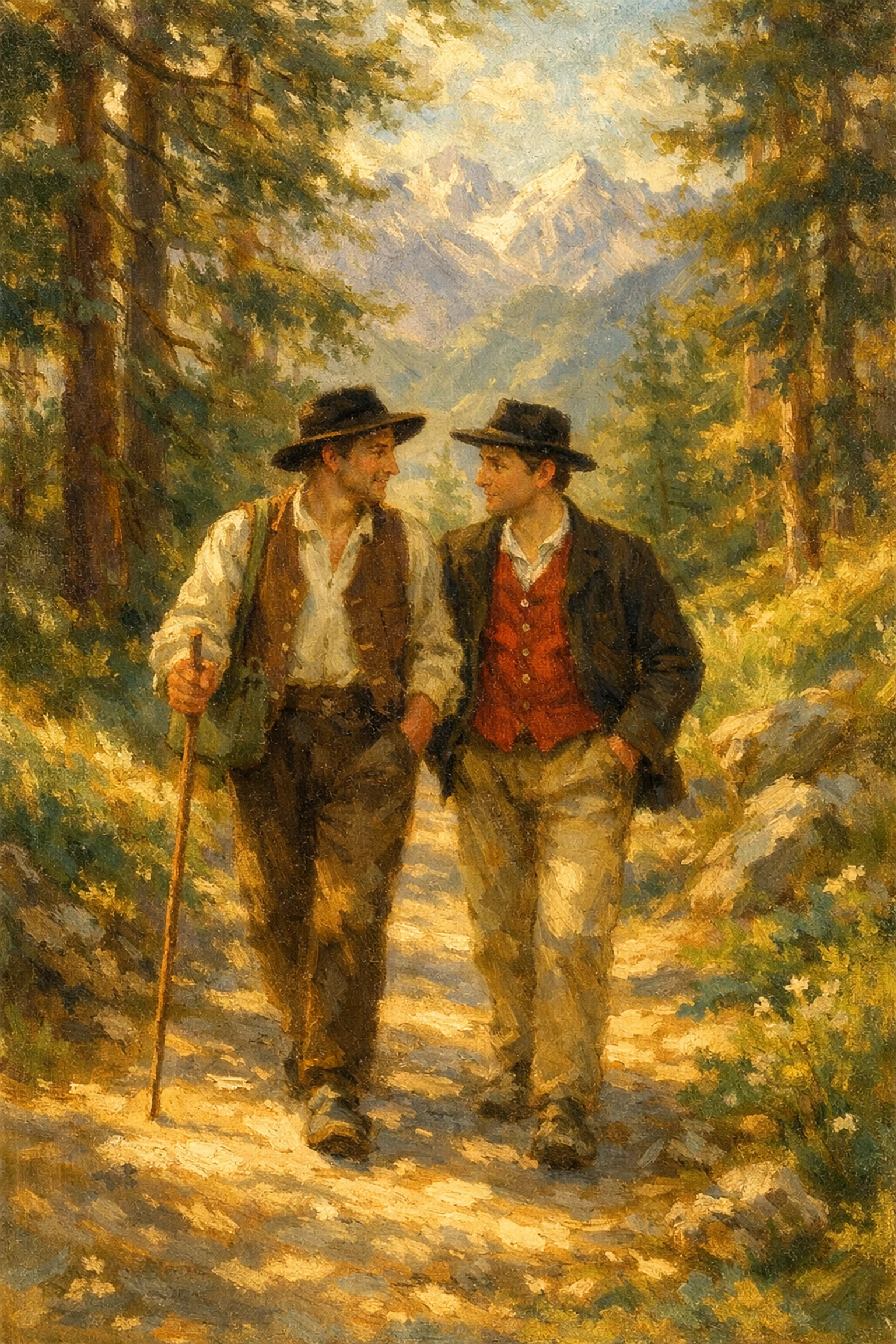 Two men walking Alpine forest path in historical gay romance slow burn moment
