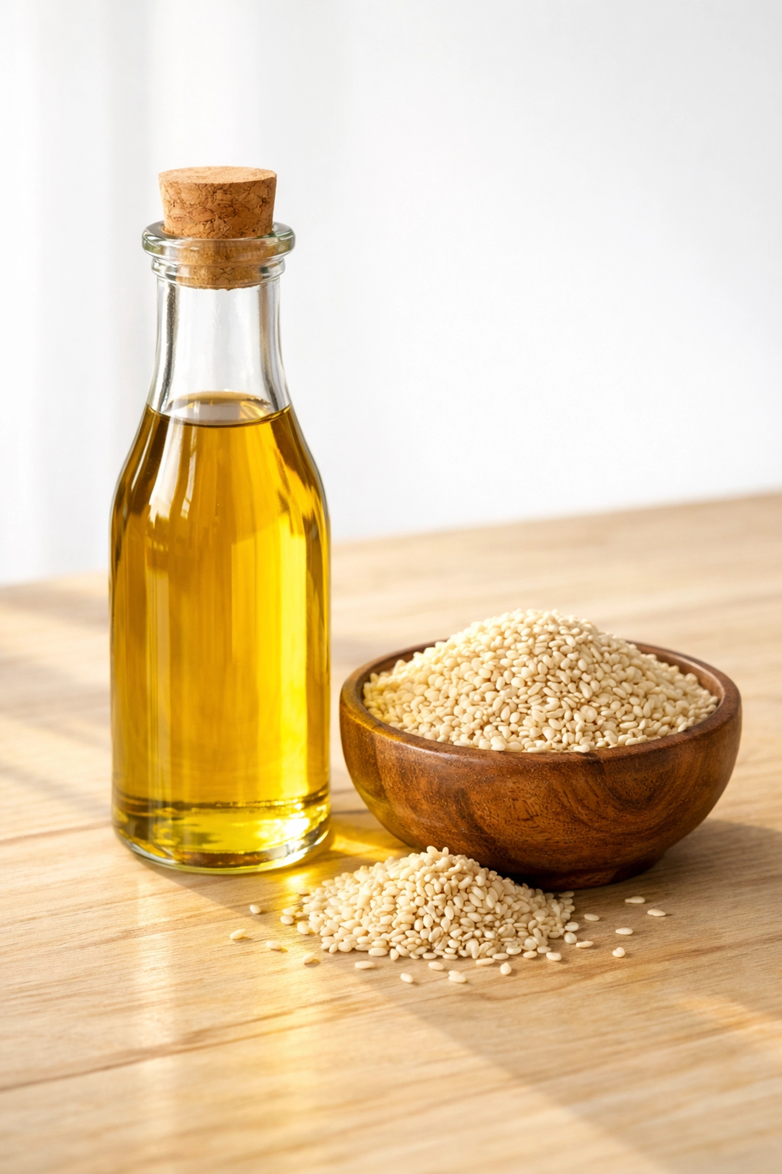 Pure sesame oil and seeds from Moroccan Goods Shop for skin and hair nourishment.