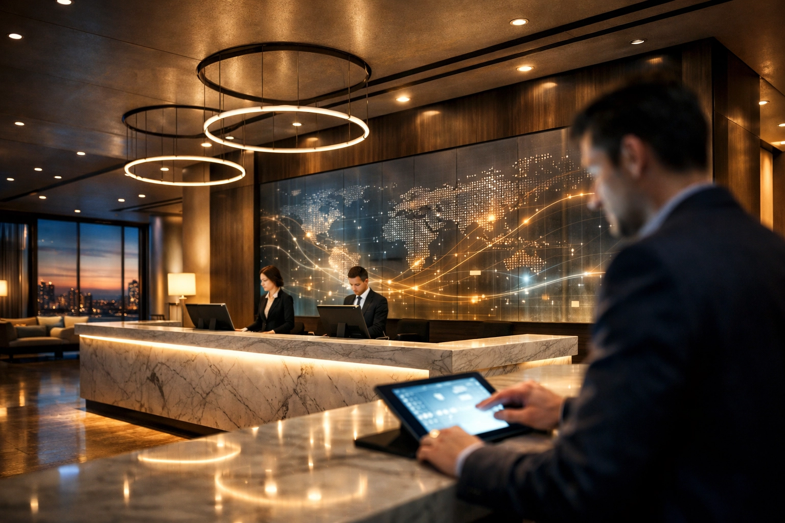 Sleek hotel reception area with a guest checking in digitally, focusing on hospitality data security.