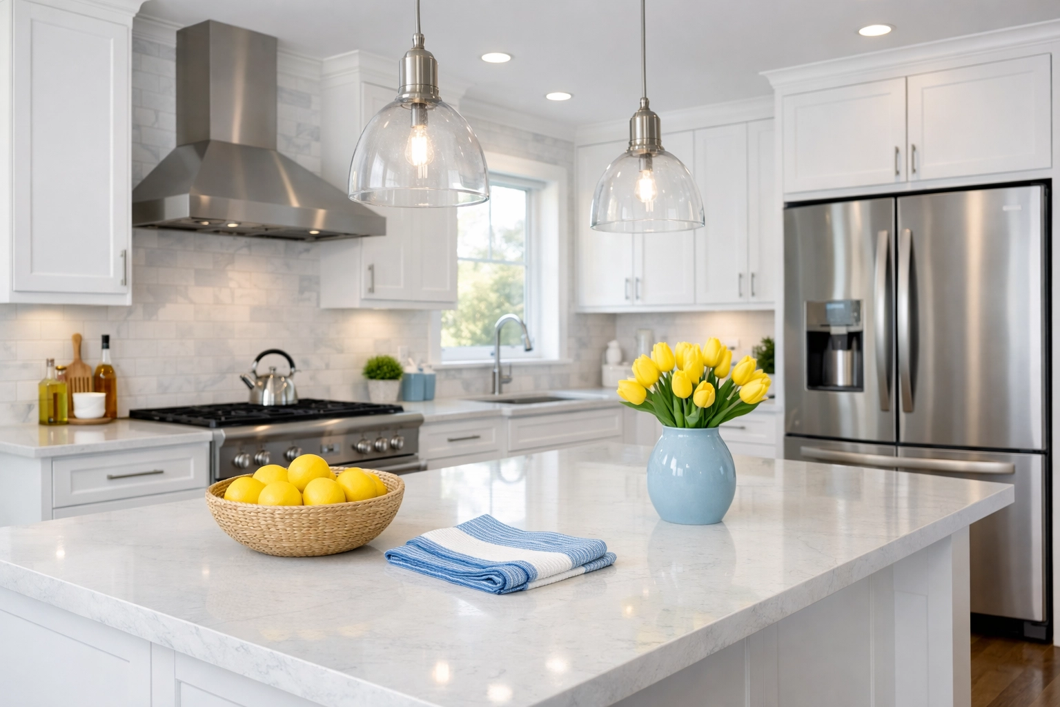 Spotless high-end kitchen with white cabinetry, blue accents, and yellow details on a clean counter.