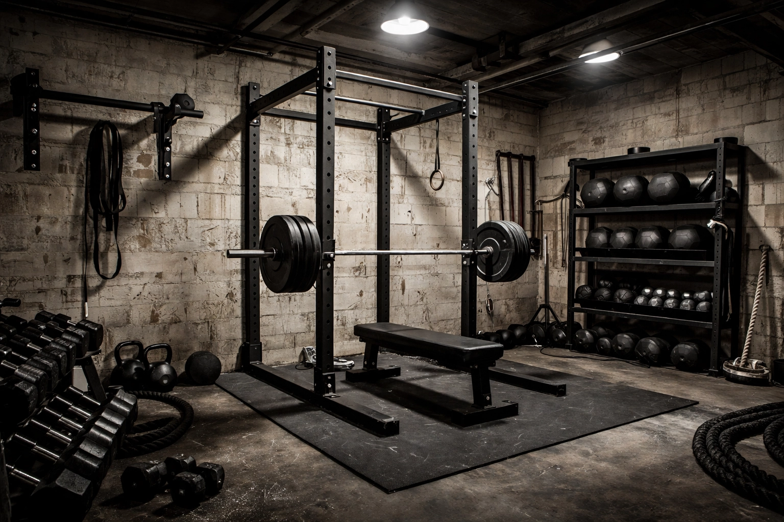 Traditional garage home gym setup with wall-mounted pull-up bars and bolted squat racks showing permanent installation damage, ideal for CrossFit but risky for renters