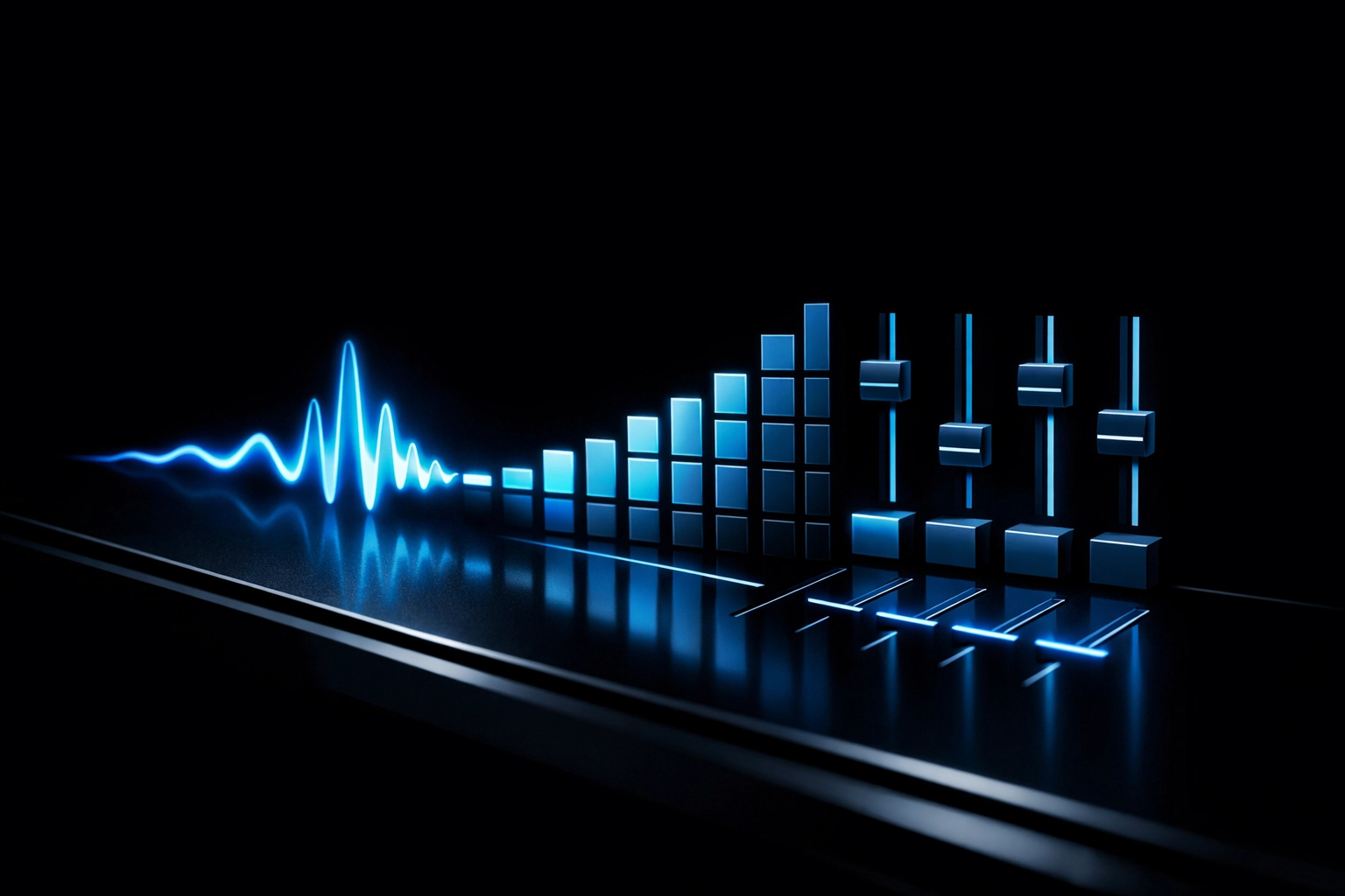 Digital console showing a voice command transforming into musical structures and sliders.