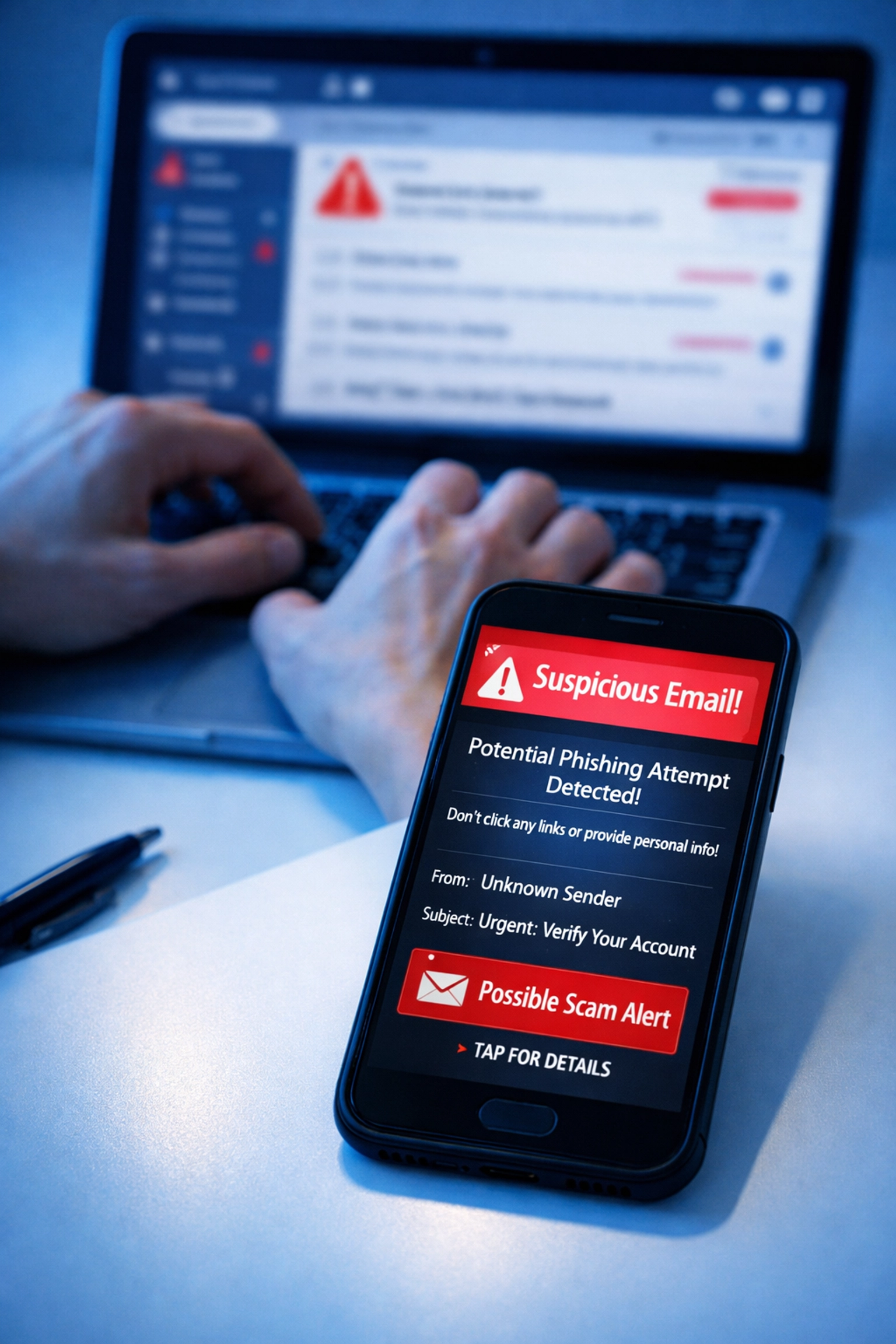 Homeowner reviewing suspicious wire fraud email notification on smartphone during refinance closing