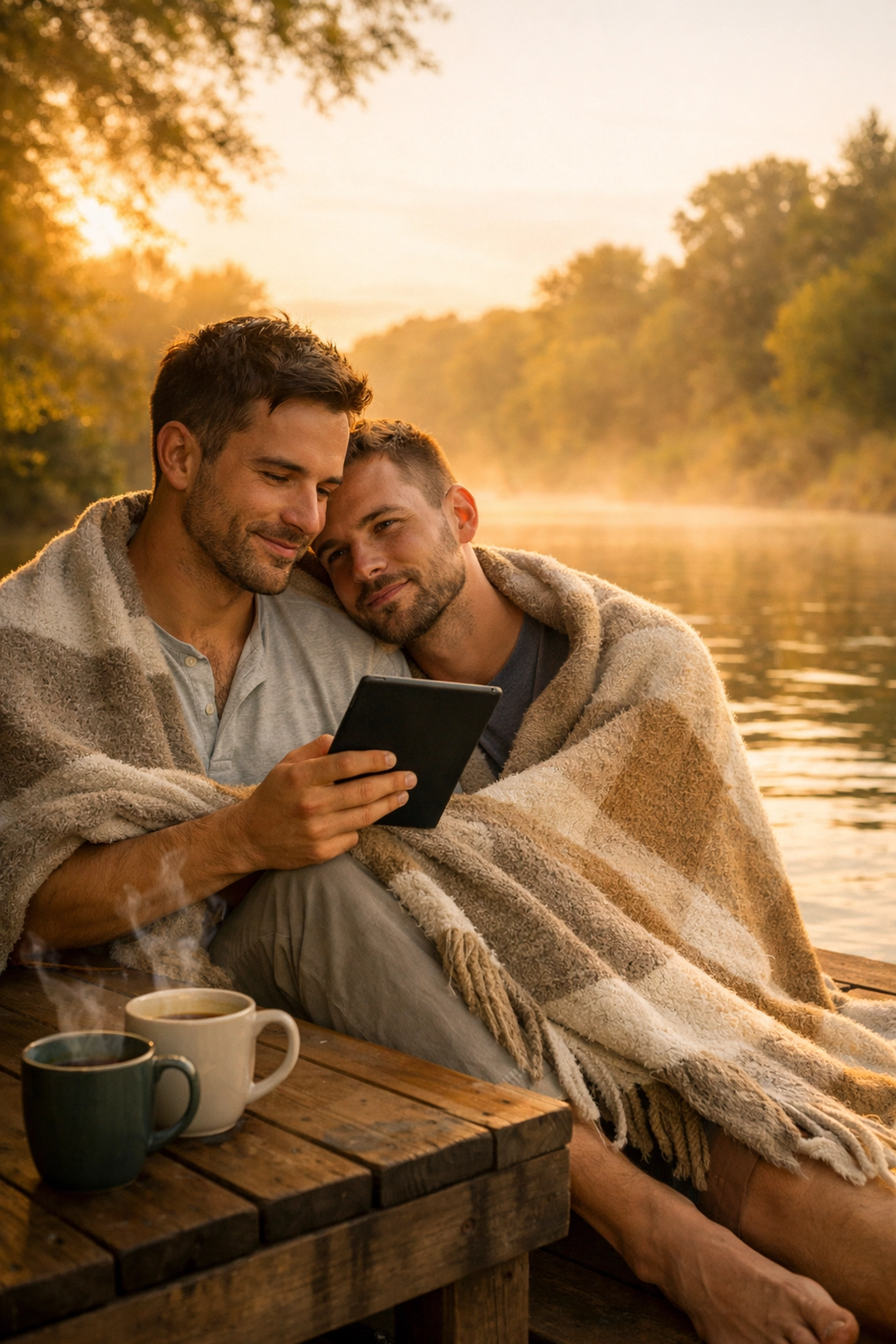 A gay couple sharing a quiet moment reading on a dock at sunrise, evoking the feeling of a slow burn MM romance.
