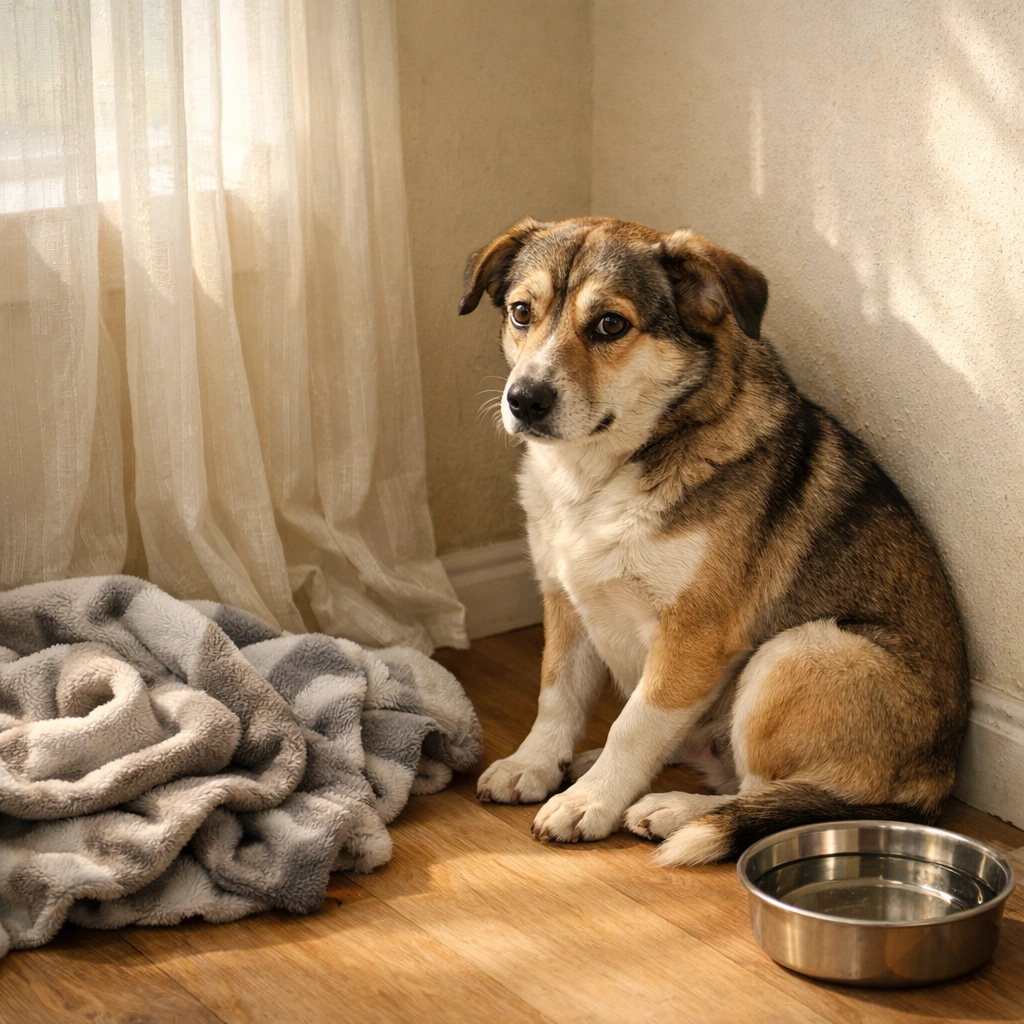 Rescue dog settling into quiet corner with blanket during first days in foster home